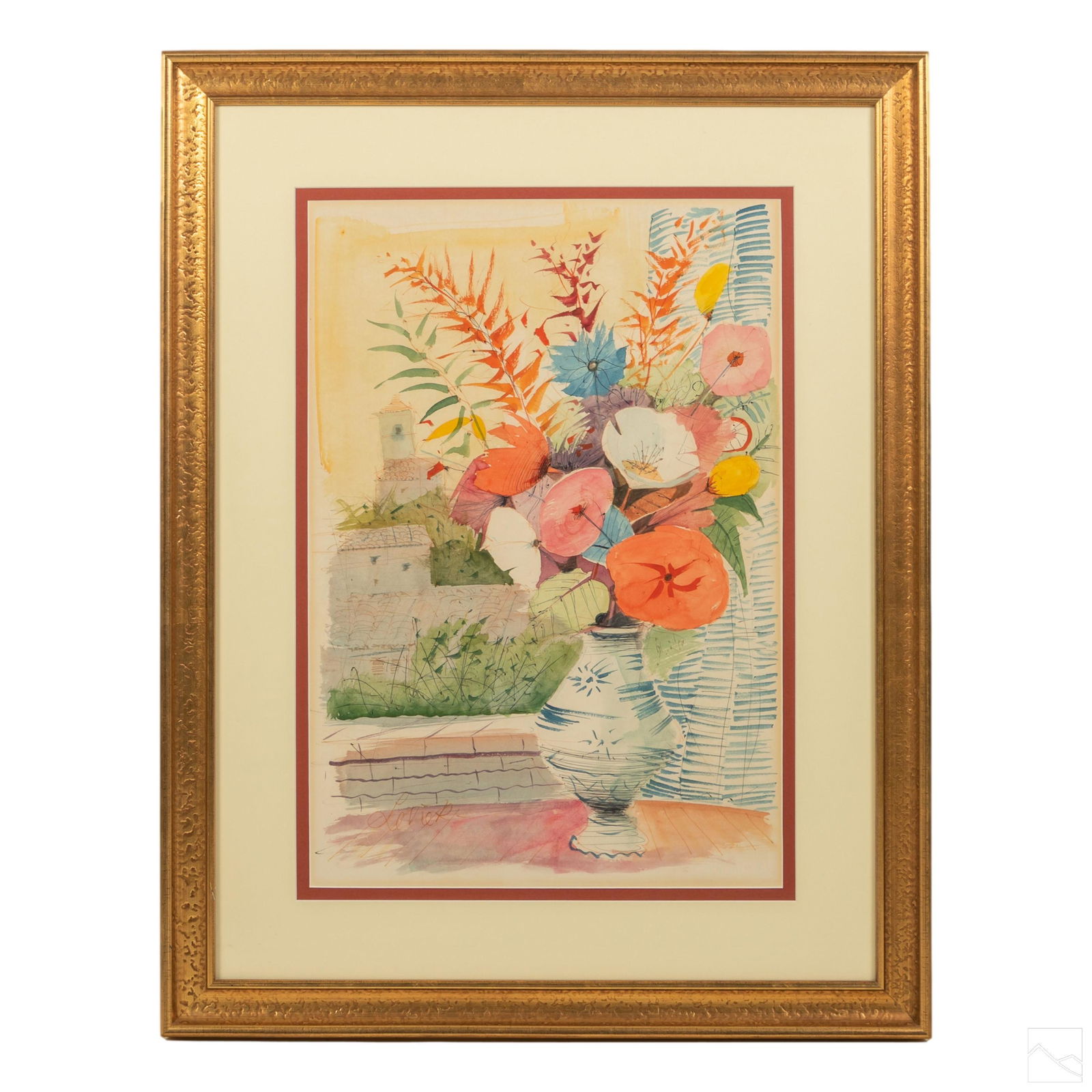 Charles Levier (1920â€“2003) Still Life WC Painting: Charles Levier (American French, 1920â€“2003). Original signed still life watercolor painting. An interior scene with flora in a vase and architectural forms to background. Artist signed lower le