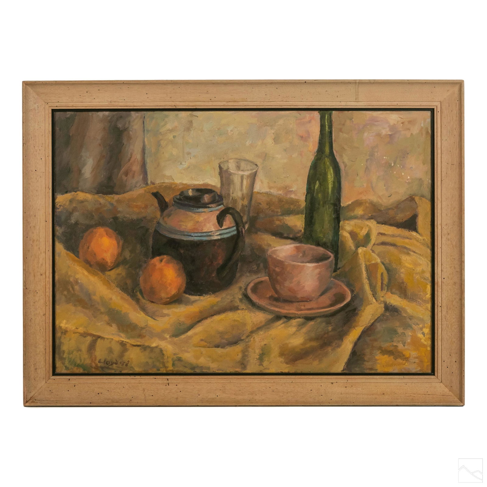 Elliot Lloyd b1937 Mid Century Still Life Painting: Elliot Lloyd (American, born 1937). Signed original oil on canvas still life painting. A tonal composition with tea pot, oranges and vessels against a yellow green cloth backdrop. Held in a blonde woo