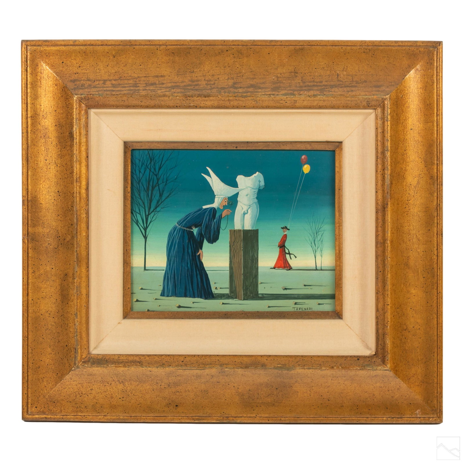 20th Cen. Surrealist Painting after Carlo Canevari: Inspired by Carlo Cavenari (Italian, 1922-1996). Surrealist oil painting on board. A whimsical scene with a nun gawking at nude male statue. Missionary in background holding balloons. Signed lower rig