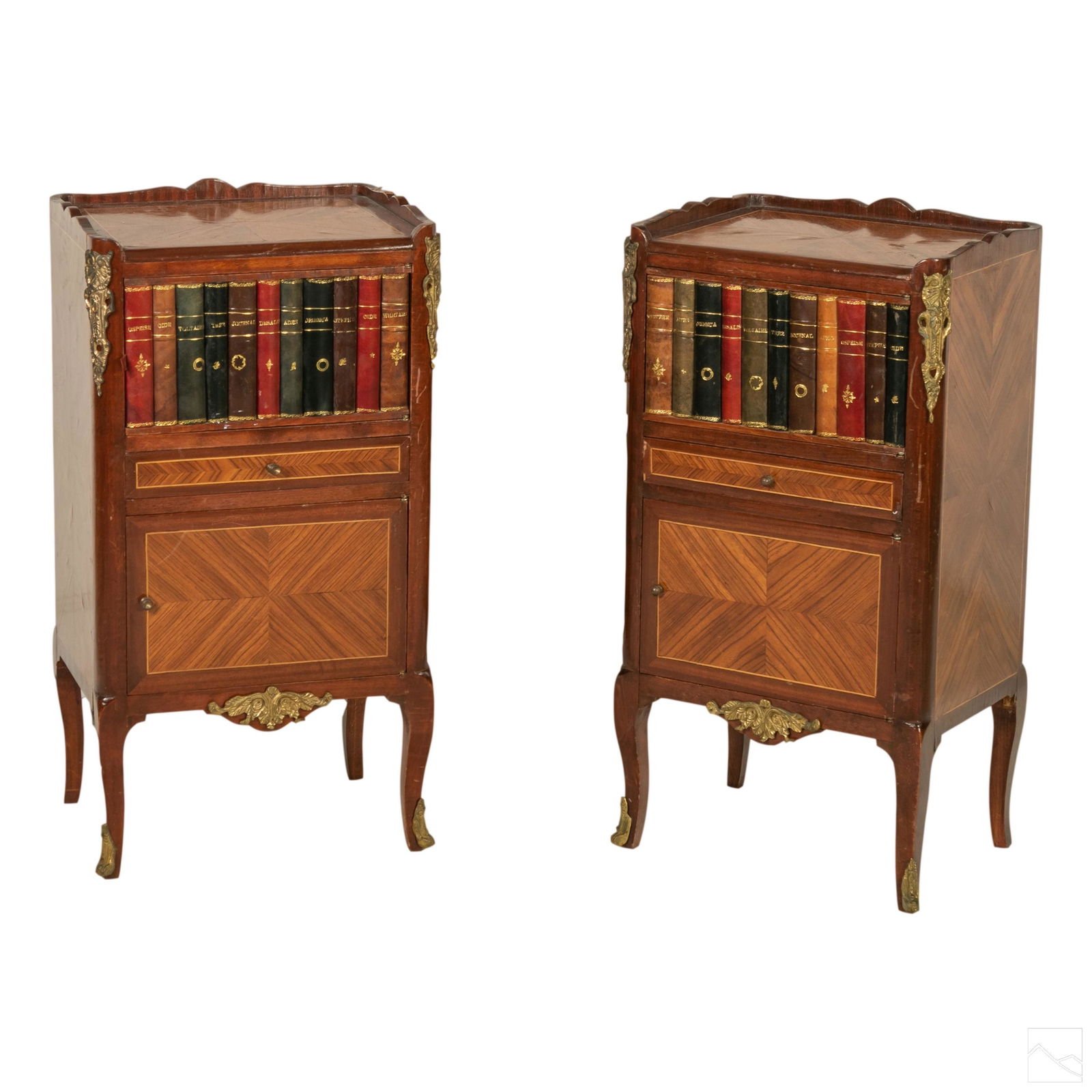 Inlaid Wood Antique Library Bookcase Cabinets Pair (1 of 10)