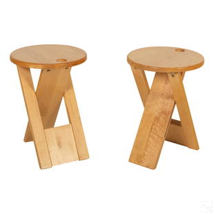 Roger Tallon French MCM Oak Wood TS Folding Stools: Pair of Mid Century Modern oak wood TS folding stools. Produced circa 1970 by designer Roger Tallon (French, 1929-2011). SHIPPINGHill Auction Gallery will offer in-house continental USA shipping for $