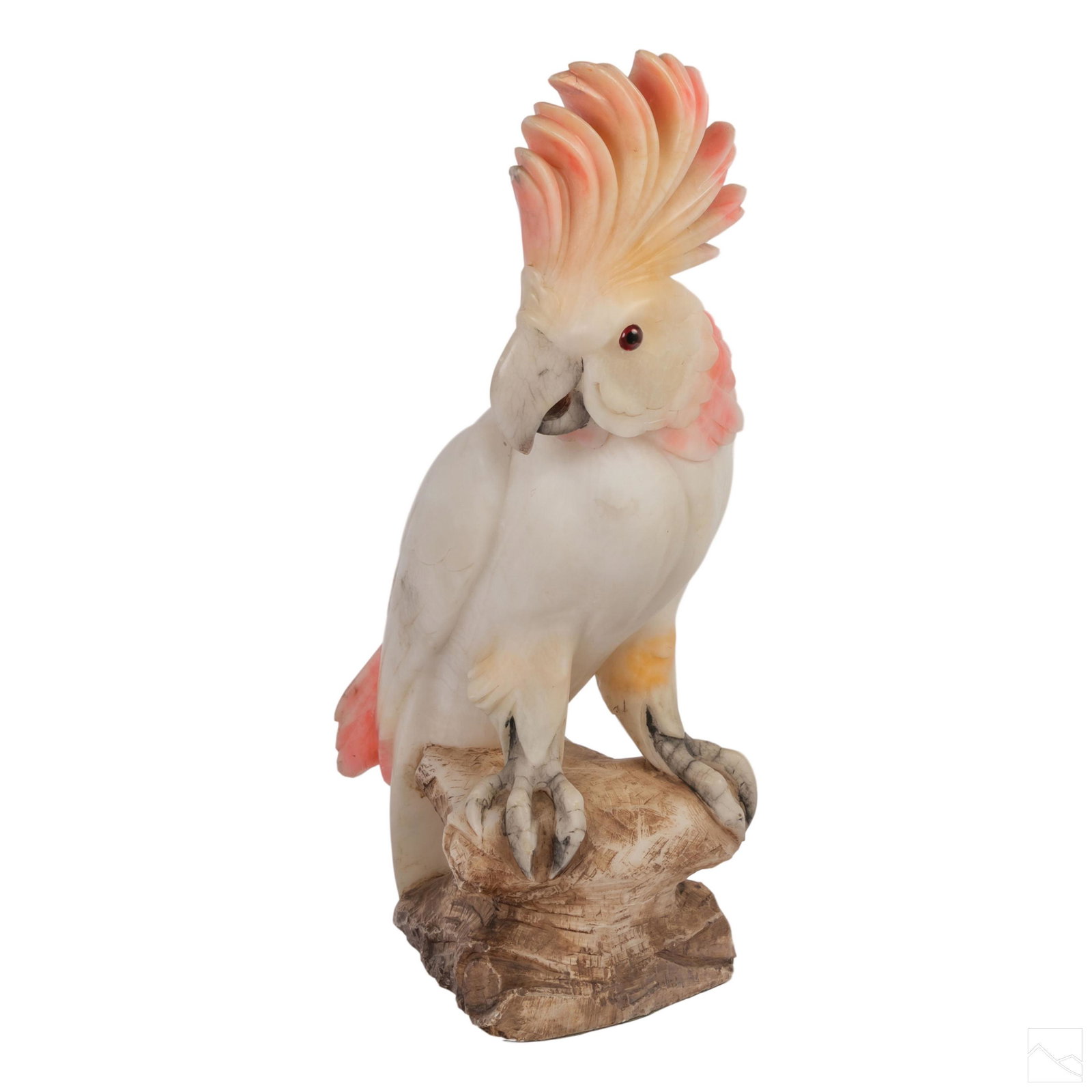 Alabaster Cockatoo Parrot Bird Wildlife Sculpture: A large and impressively carved alabaster figurine. A wildlife study of a cockatoo bird with red stone eyes, the body's natural alabaster color complimented with pink, saffron, and other tones. Felt l