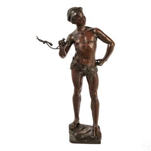 Adolphe Jean Lavergne Orientalist Bronze Sculpture: Adolphe Jean Lavergne (French, 1852-1901). A signed bronze Art Nouveau Orientalist sculpture. A study of a young boy holding a branch form with a snake. Rich patina. Signed to base LAVERGNE. SHIPPINGH