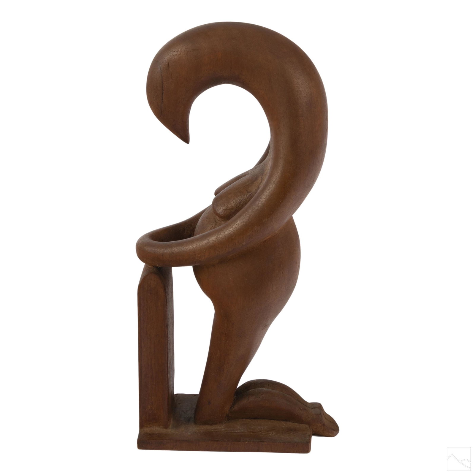 Mid Century Modern Abstract Kneeling Wood Carving: MCM abstract wood carving. Depicts female like figure with bird like face features, in a kneeling prayer position. No apparent signature. SHIPPING Hill Auction Gallery will offer in-house continental 