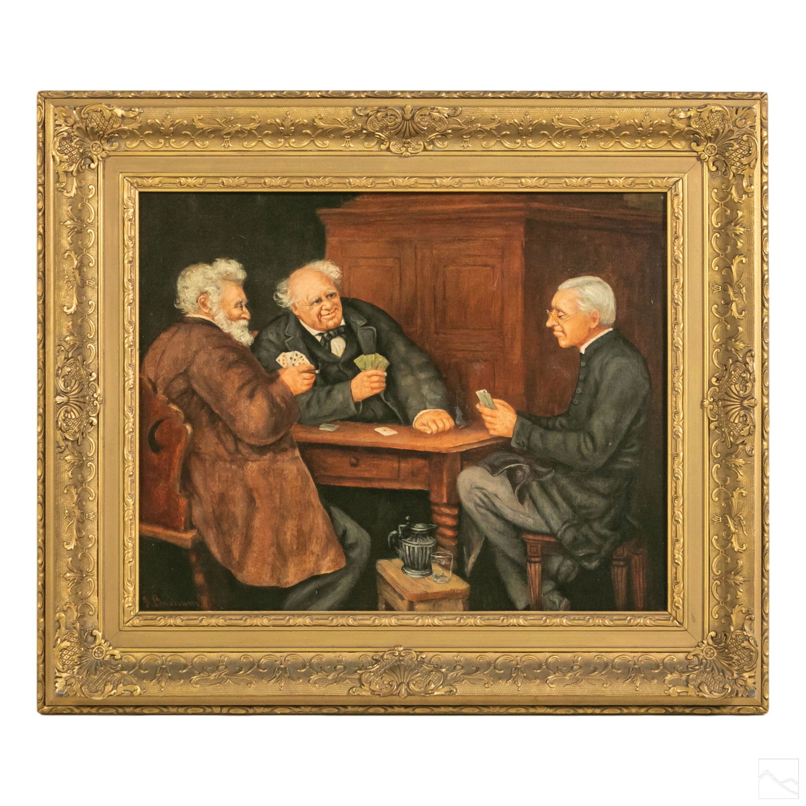 Realism Three Card Players Antique Genre Painting (1 of 5)