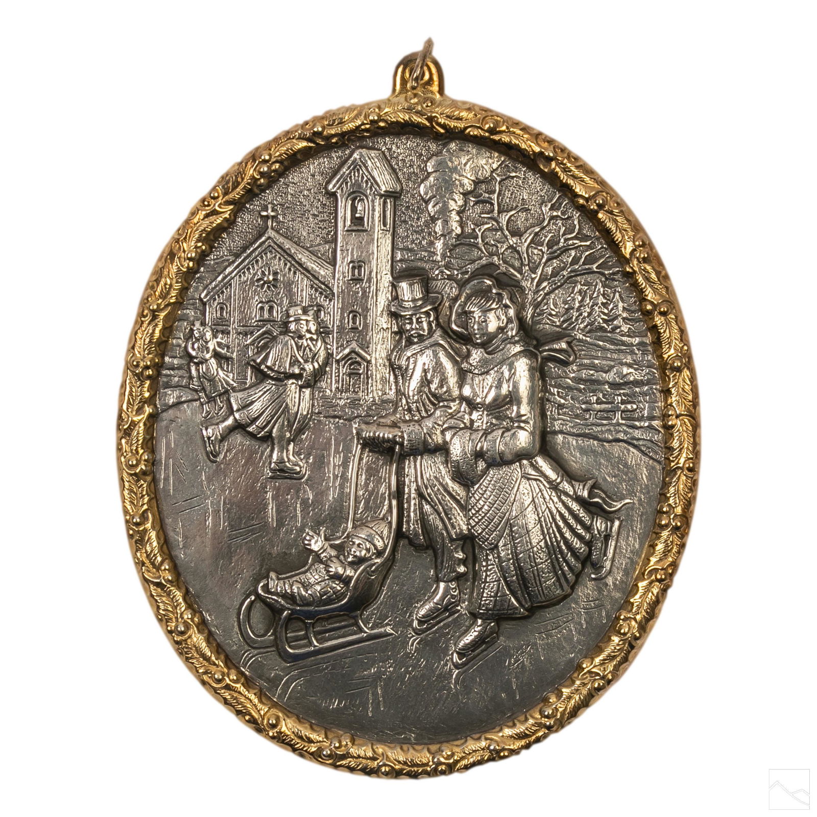 Buccellati Sterling Silver Christmas Tree Ornament: Vintage Mario Buccellati Italian Sterling Silver ice skaters Christmas ornament. Depicts high relief of ice skating family in Victorian clothing surrounded by intricately detailed gilt holly. Numbered