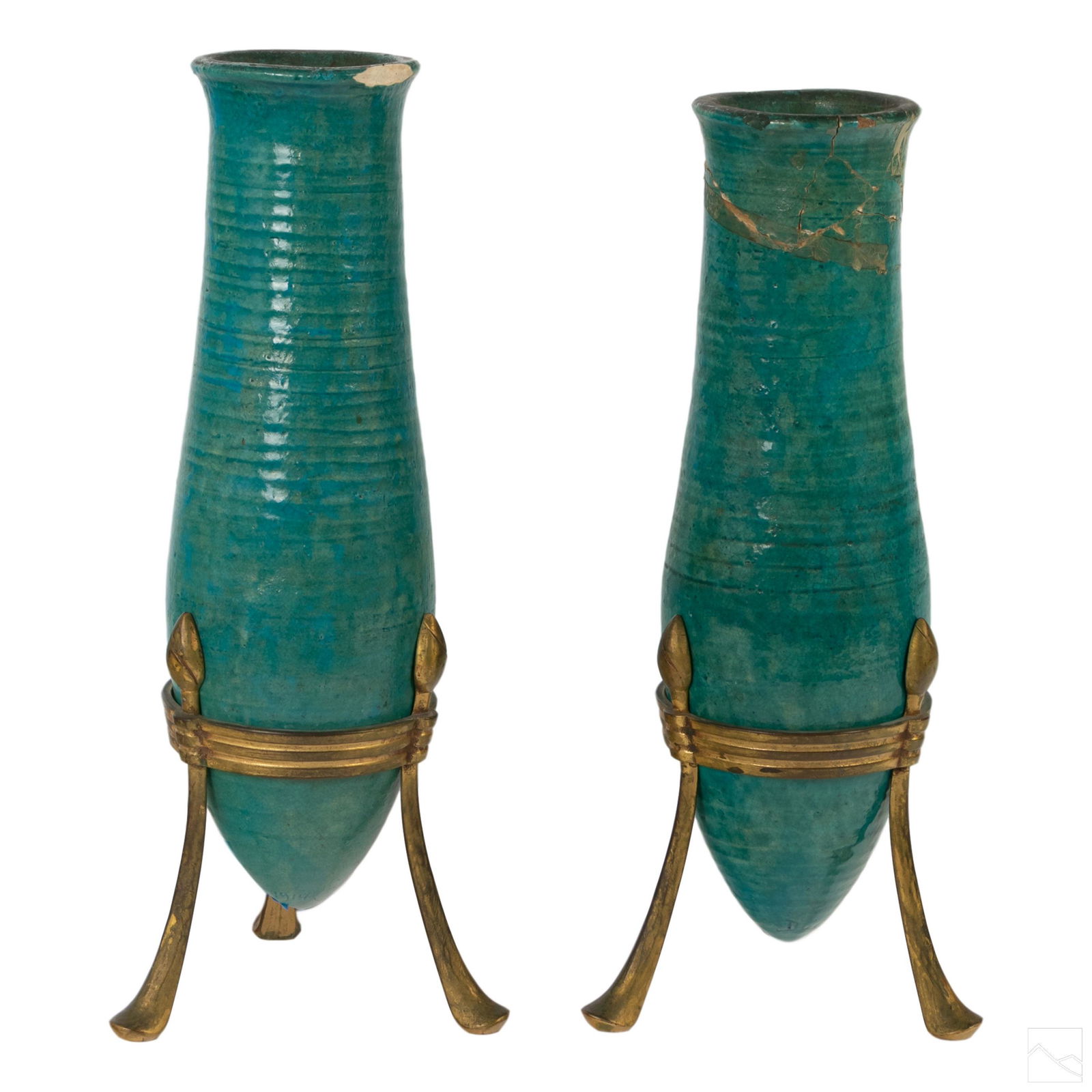 Durant Kilns 16" Turquoise Vases and Bronze Stands (1 of 11)