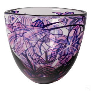 Eva Englund for Orrefors Glass Graal Tulip Vase: Crafted of fine quality Scandinavian art glass. Designed by Eva Englund for Orrefors. Purple and ping tulip floral pattern encased in clear crystal. Artist signed on bottom. SHIPPINGHill Auction Galle