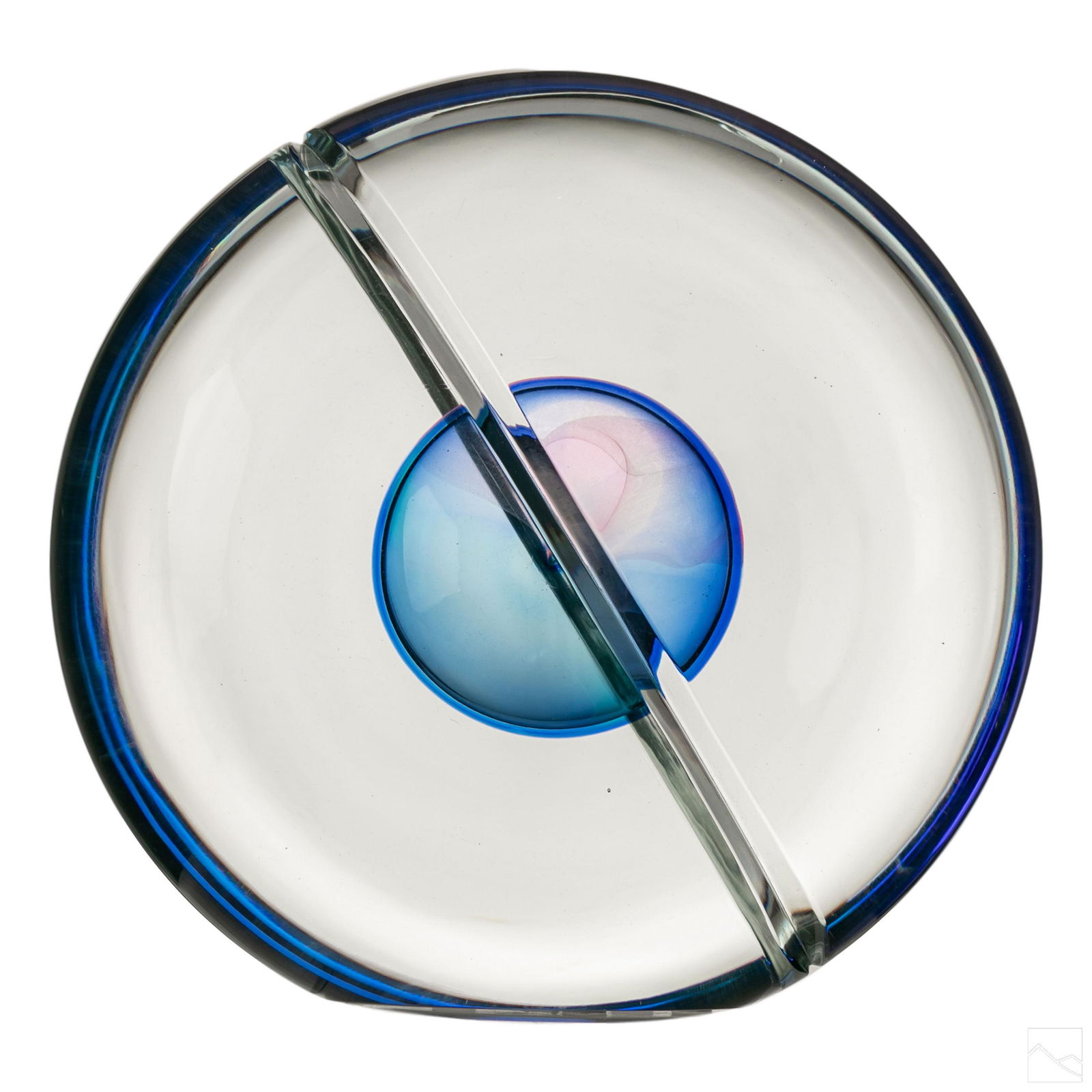 Murano Oggetti Livio Seguso 9" Art Glass Sculpture: Crafted of fine quality Murano Italian art glass. Designed by Livio Seguso for Oggetti. Spherical disk design with blue and purple center encased in clear crystal. Deep "V" cut on the bias with flat p