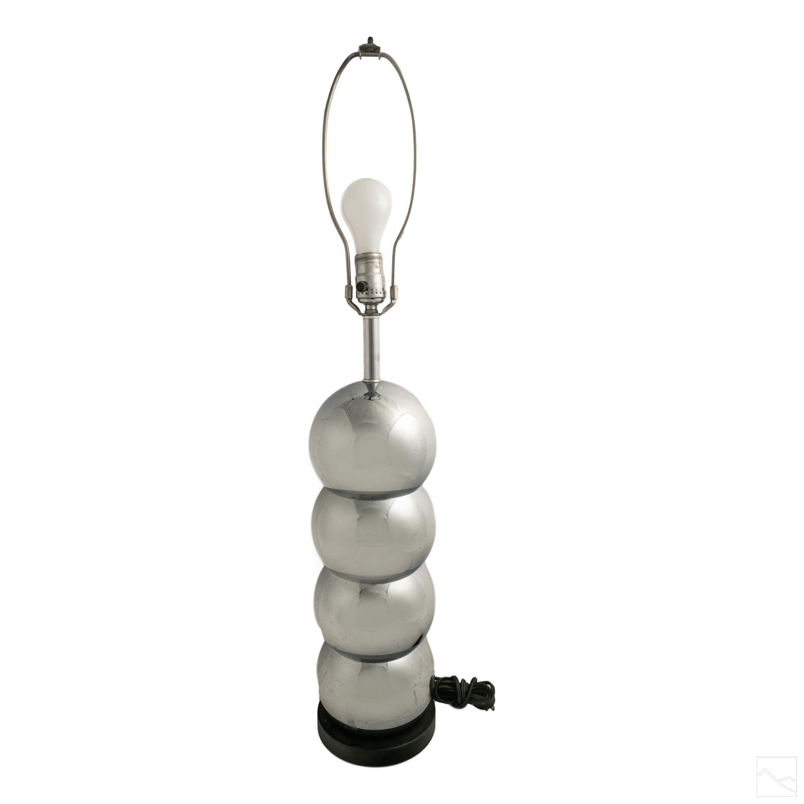 George Kovacs 23" Modern Stacked Chrome Ball Lamp: Four chrome finished steel balls with black base. Attributed to George Kovacs. SHIPPINGHill Auction Gallery will not ship. Gallery will refer a local shipper for international buyers. Purchaser pick u