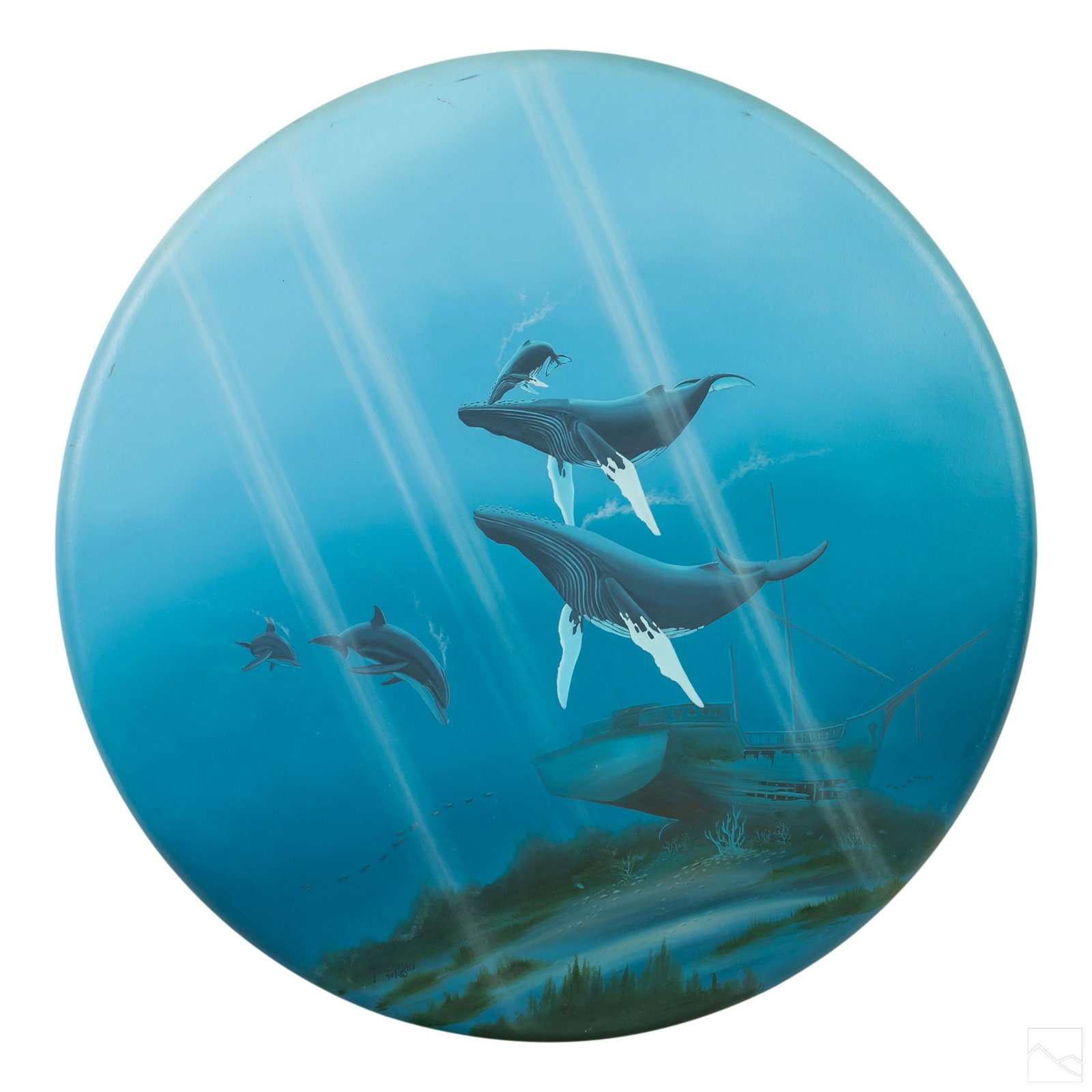 Kenneth Aunchman Whales Maritime Seascape Painting: Kenneth F Aunchman (American, 20th century ).Signed original acrylic on canvas painting by "Whales" provides a glimpse into the undersea world with humpback whales, dolphins and a shipwreck. Round can