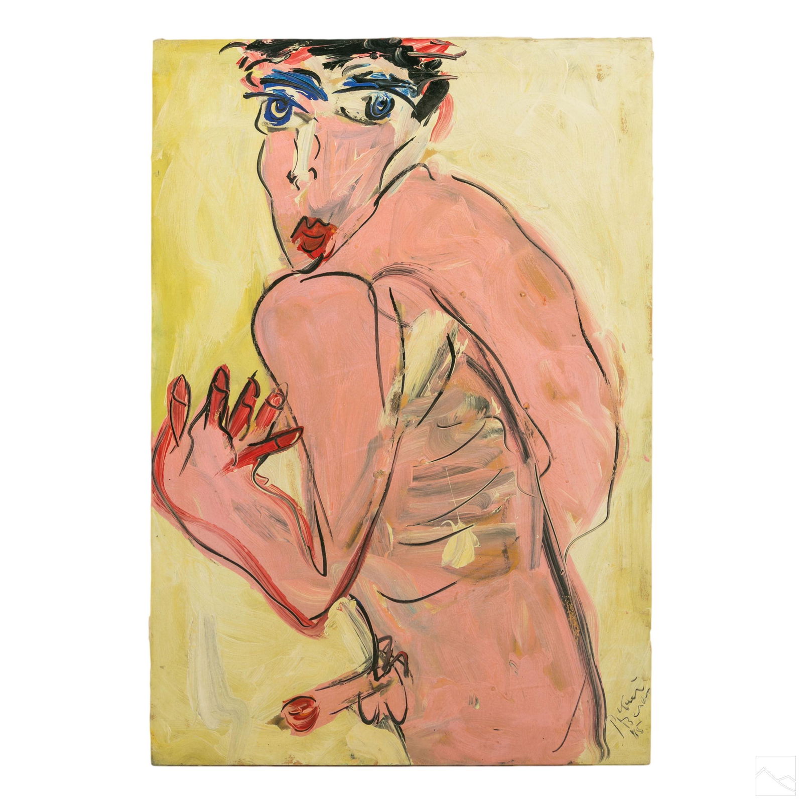 Peter Keil Neo Expressionism Mick Jagger Painting: Peter Keil (German, born 1942). Original Neo Expressionist oil painting on canvas, titled "Mick Jagger: Satisfaction." A colorful abstract nude portrait of singer Mick Jagger. Artist signed and dated