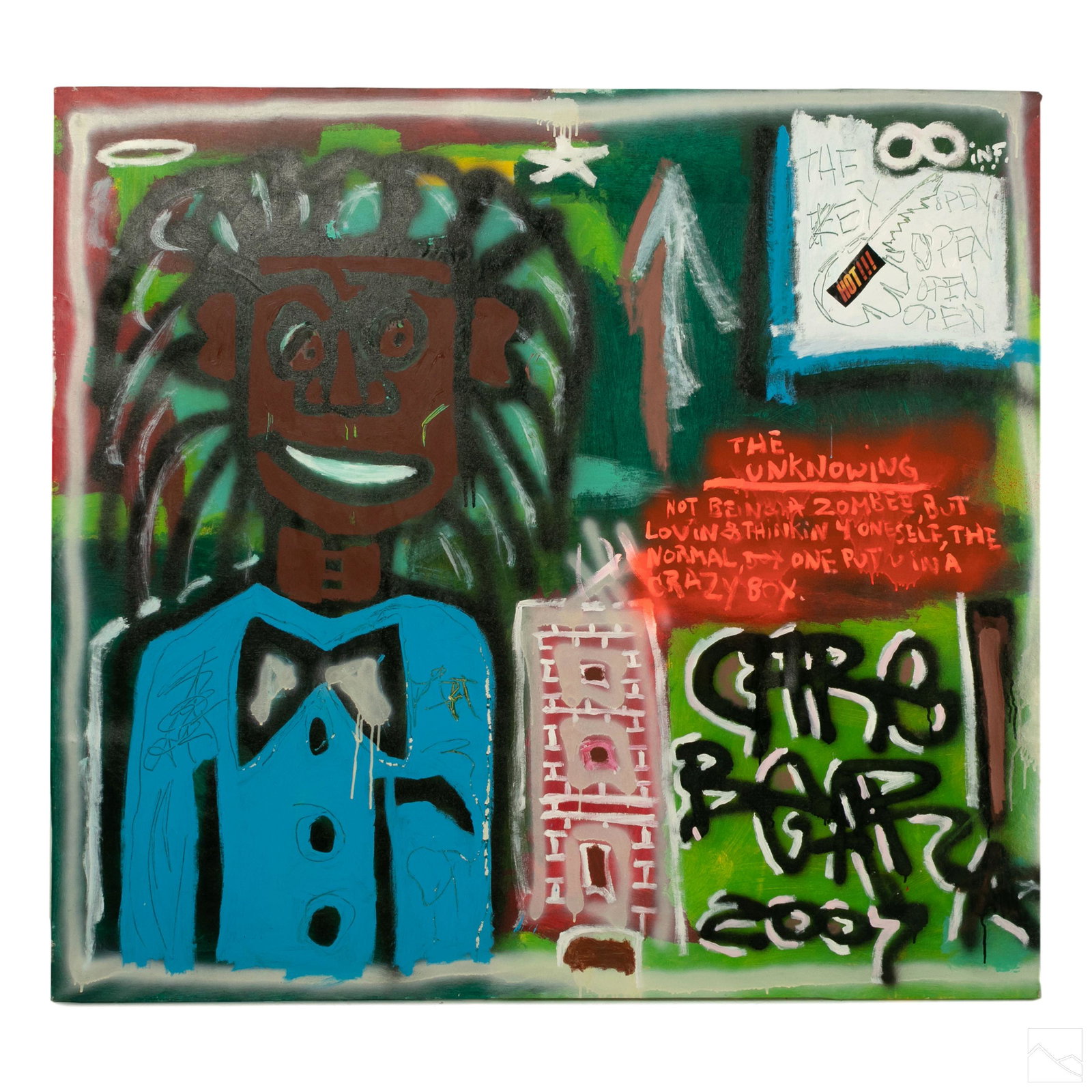 Ernest Rosenberg Outsider Graffiti Art Painting: Ernest Rosenberg (American, born 1975). Original Street Art oil painting on canvas. An abstract image in a graffiti style. Tribute to Jean-Michel Basquiat (1960-1988). Artist signed and dated lower ri