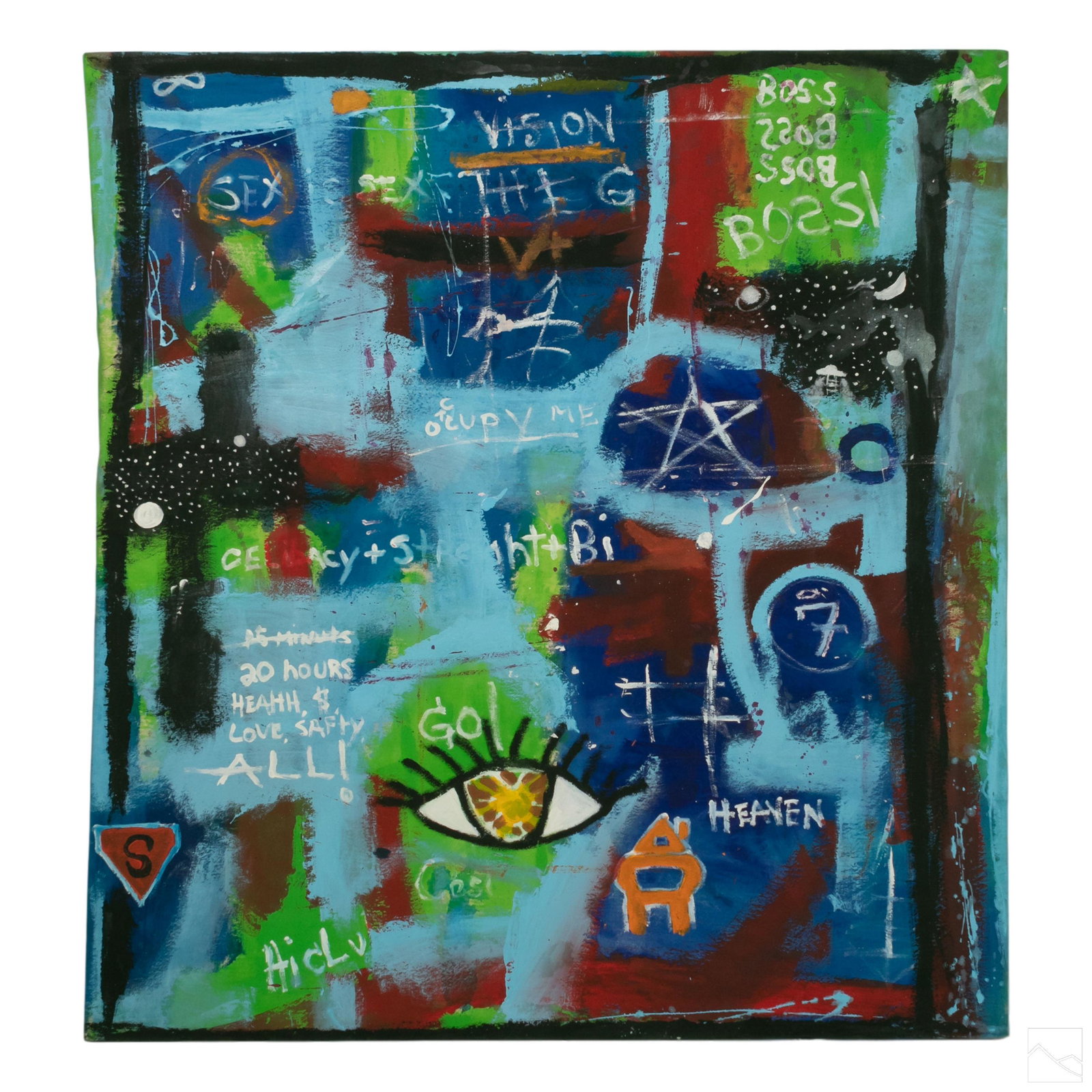 Ernest Rosenberg Outsider Graffiti Art Painting: Ernest Rosenberg (American, born 1975). Original Street Art oil painting on canvas. An abstract image in a graffiti style. Tribute to Jean-Michel Basquiat (1960-1988). Mounted on a wooden stretcher. S
