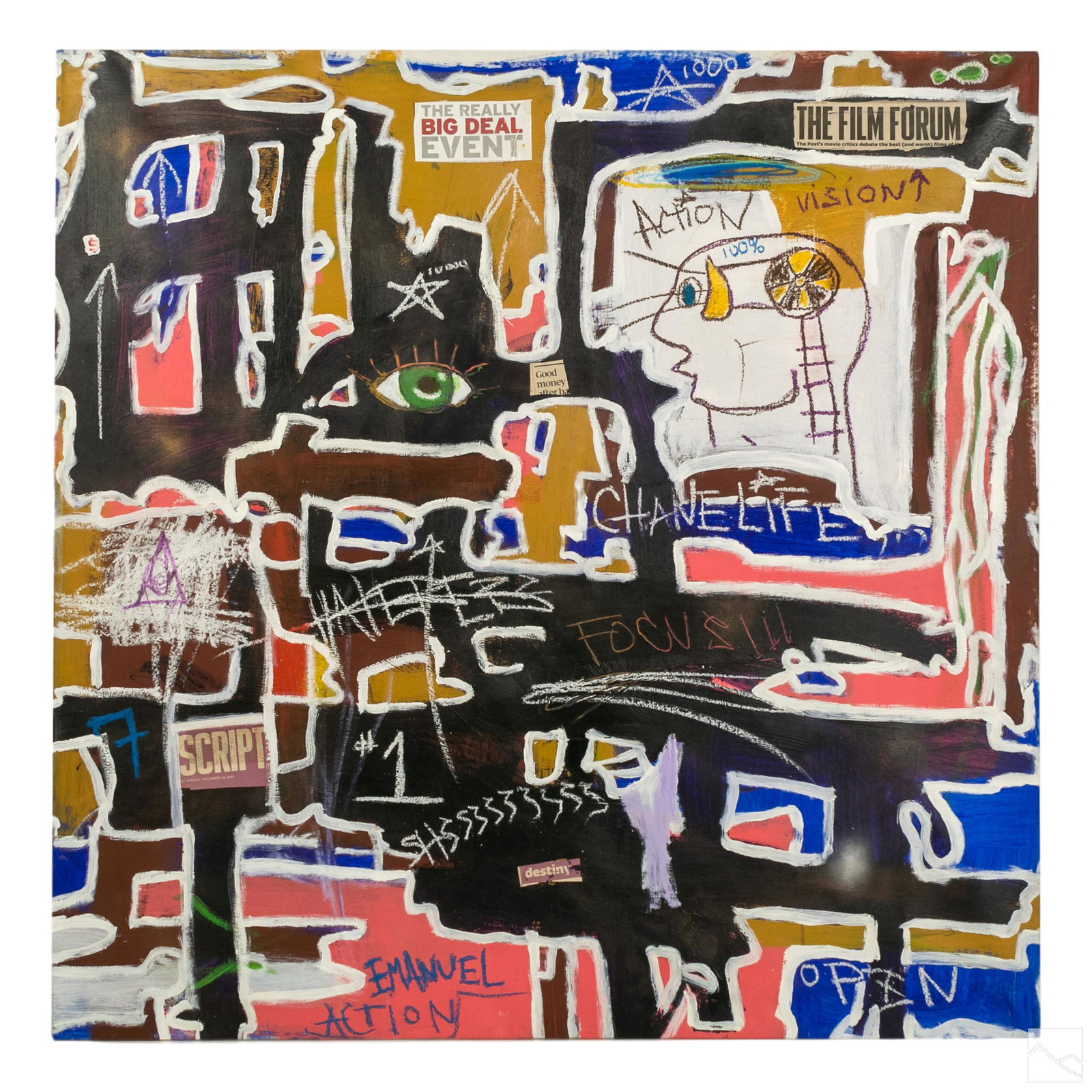 Ernest Rosenberg Outsider Graffiti Art Painting: Ernest Rosenberg (American, born 1975). Original Street Art oil painting on canvas, titled "The Really Big Deal." An abstract image in a graffiti style with additional mixed media text. Tribute to Jea
