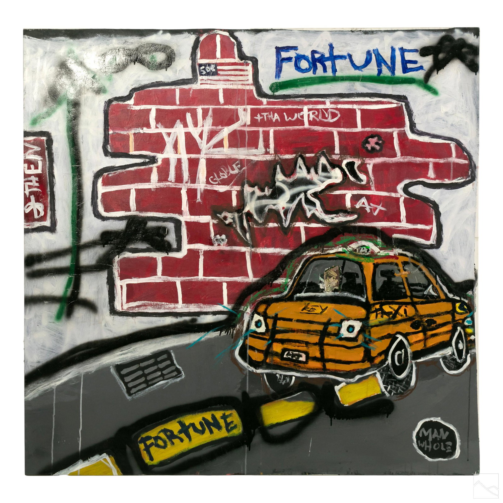 Ernest Rosenberg Outsider Graffiti Art Painting: Ernest Rosenberg (American, born 1975). Original Street Art oil painting on canvas. An abstract image in a graffiti style. Tribute to Jean-Michel Basquiat (1960-1988). Mounted on a wooden stretcher. S