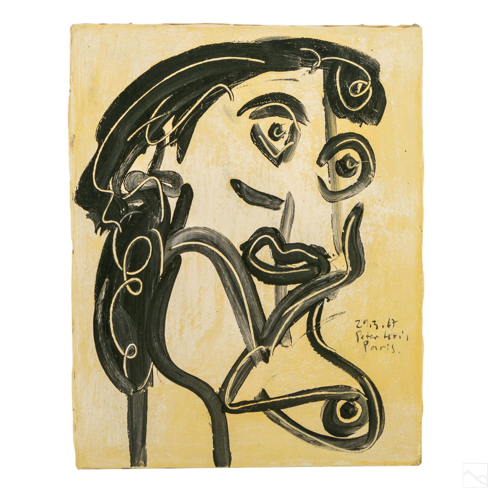 Peter Keil b.1942 Neo Expressionism Nude Painting: Peter Keil (German, born 1942). Original Neo Expressionist oil painting on canvas, titled "Pierrette." An abstract nude portrait. Artist signed and dated to lower right of work, 29-3-67 PETER KEIL PAR