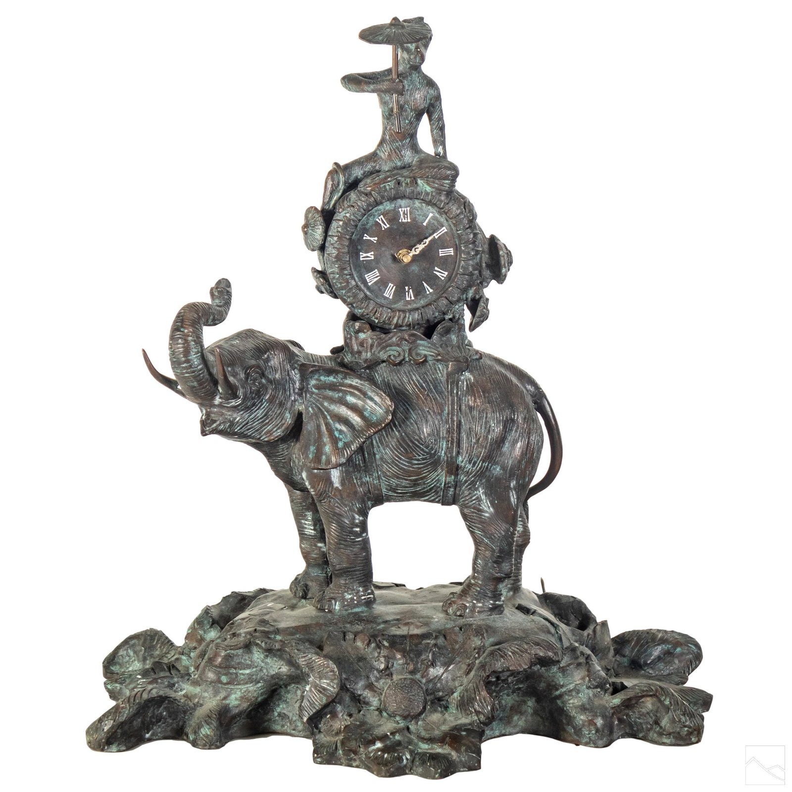Orientalist Art Nouveau 23" Bronze Elephant Clock: Large Art Nouveau Orientalist motif bronze statue with clock. An elephant standing on a rocky formation with flora, an ornate clock on its back, and a monkey holding a movable bronze parasol umbrella 