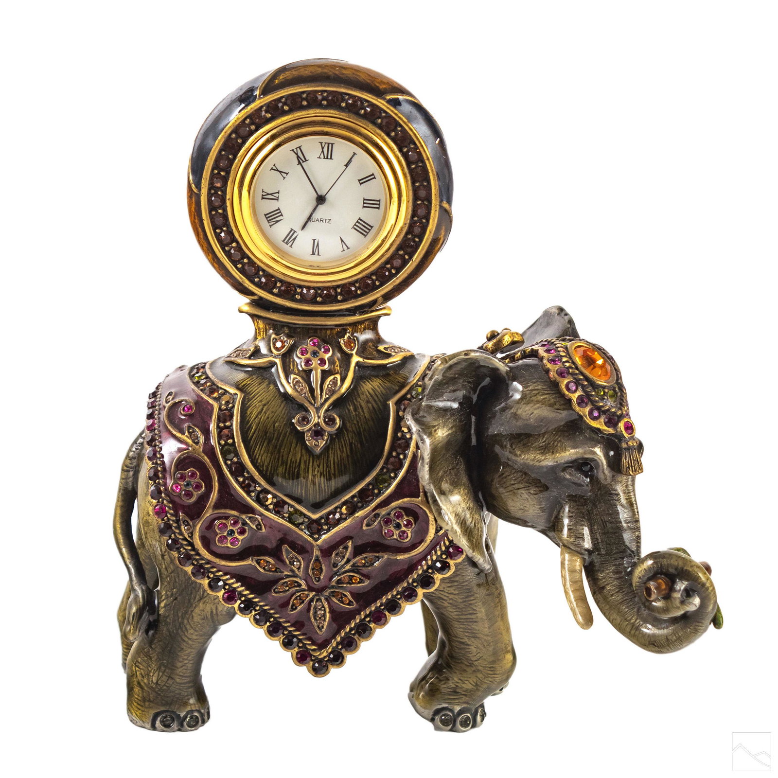 Jay Strongwater SIGNED Cleopatra Elephant Clock: Jay Strongwater (American). Signed hand decorated enameled metal figurine sculpture with clock. A circus elephant embellished with hand-set Swarovski crystals. Rectangular Jay Strongwater medallion to