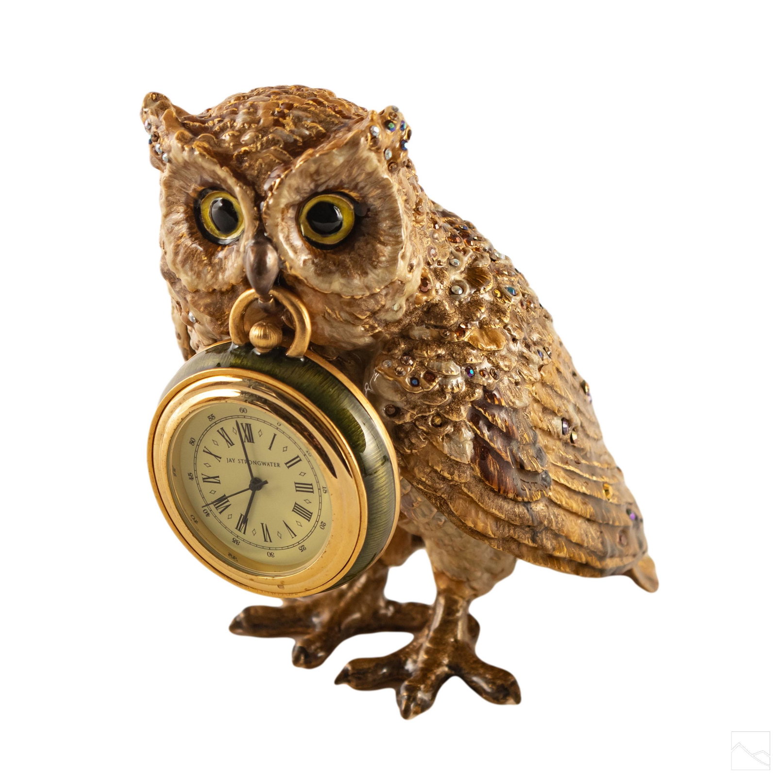 Jay Strongwater LE Osgar Owl Figurine Statue Clock: Jay Strongwater (American). Limited Edition wildlife owl figurine with hand set Swarovski crystals throughout. Gilded accents. Oval Jay Strongwater medallion with Limited Edition number 39/350 to unde