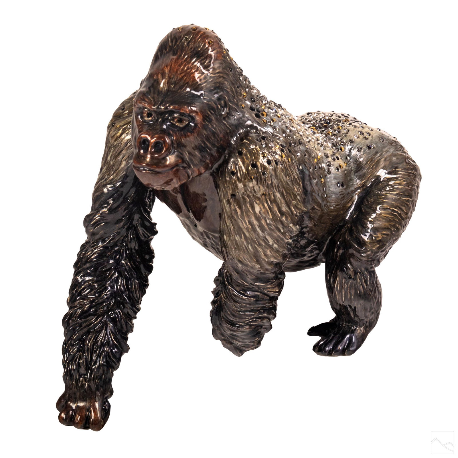 Jay Strongwater Kong Silverback Gorilla Figurine: Jay Strongwater (American). Limited Edition wildlife sculpture from the Jungle Collection. Hand decorated enamel in rich caramel, russet, silver, gray, and black, and accented with profuse Swarovski c