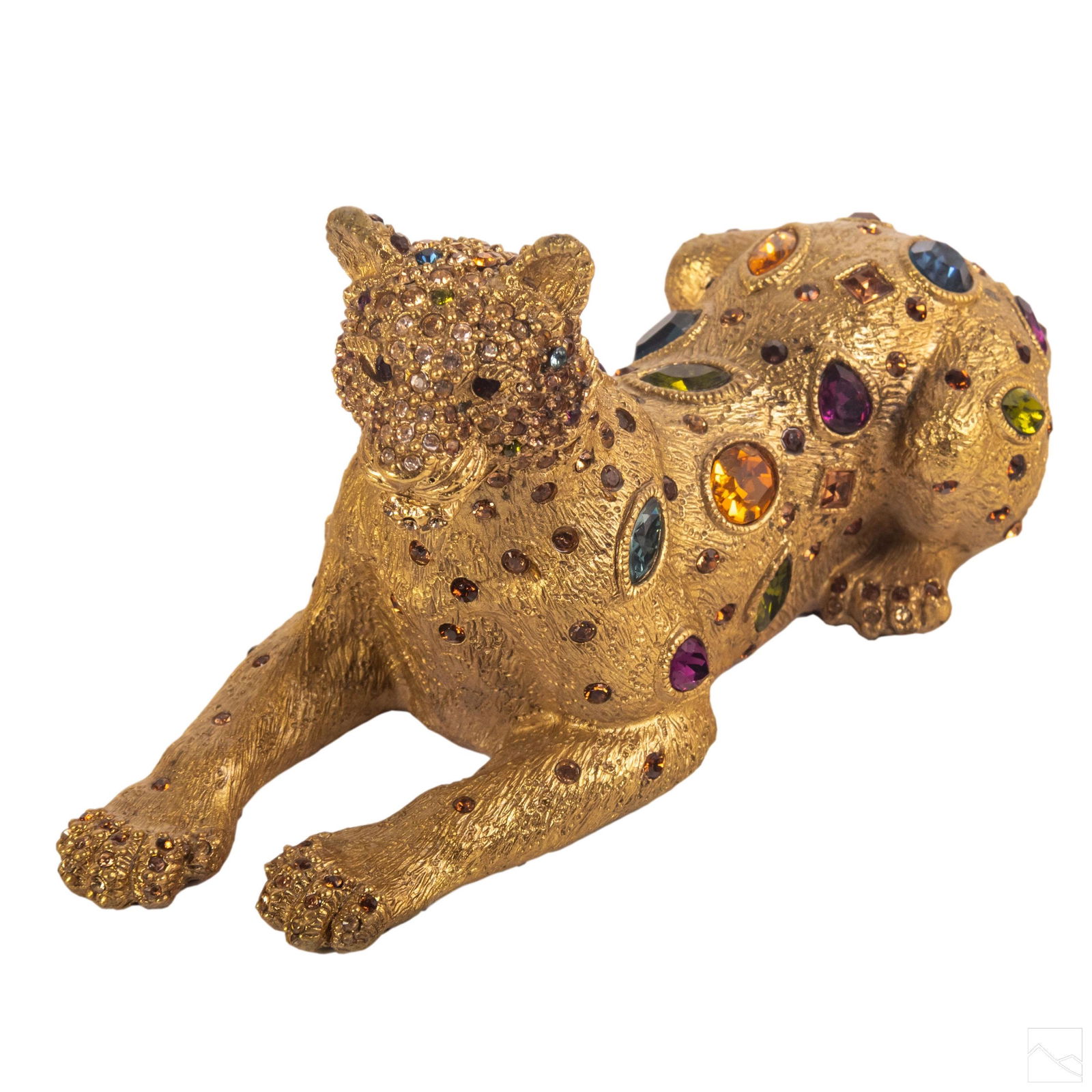 Jay Strongwater Shamar Leopard Wildlife Figurine: Jay Strongwater (American). Leopard wildlife sculpture from the Facet Collection. 18K gold plated finish. Hand set multicolor Swarovski crystals. Oval Jay Strongwater medallion to underside. SHIPPINGH