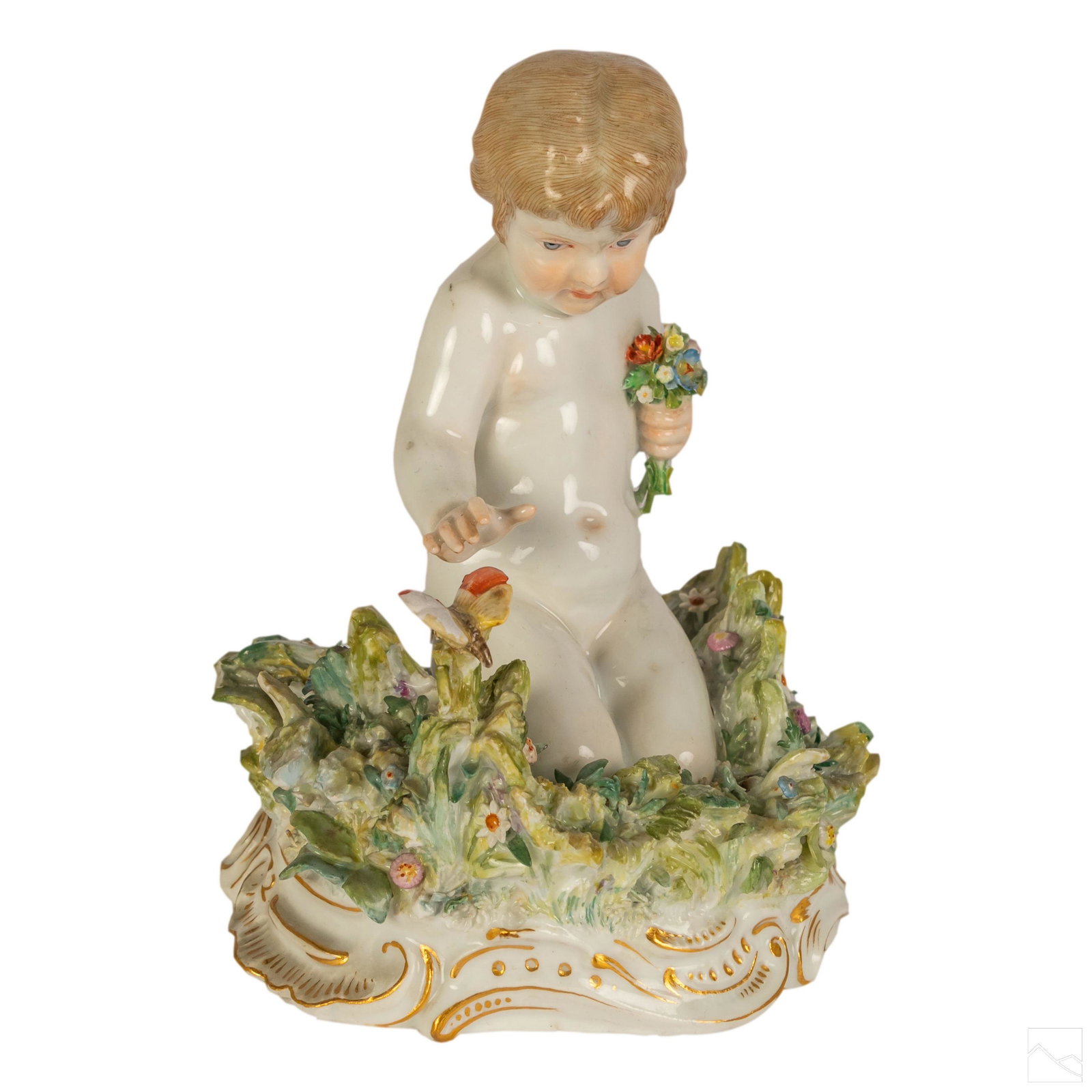 Meissen German Porcelain Nude & Butterfly Figurine: Crafted of fine quality German porcelain. Kneeling nude girl in a field of flowers with a butterfly. Expertly painted in gorgeous colors. Bears Meissen crossed swords mark and impressed numbers to bas
