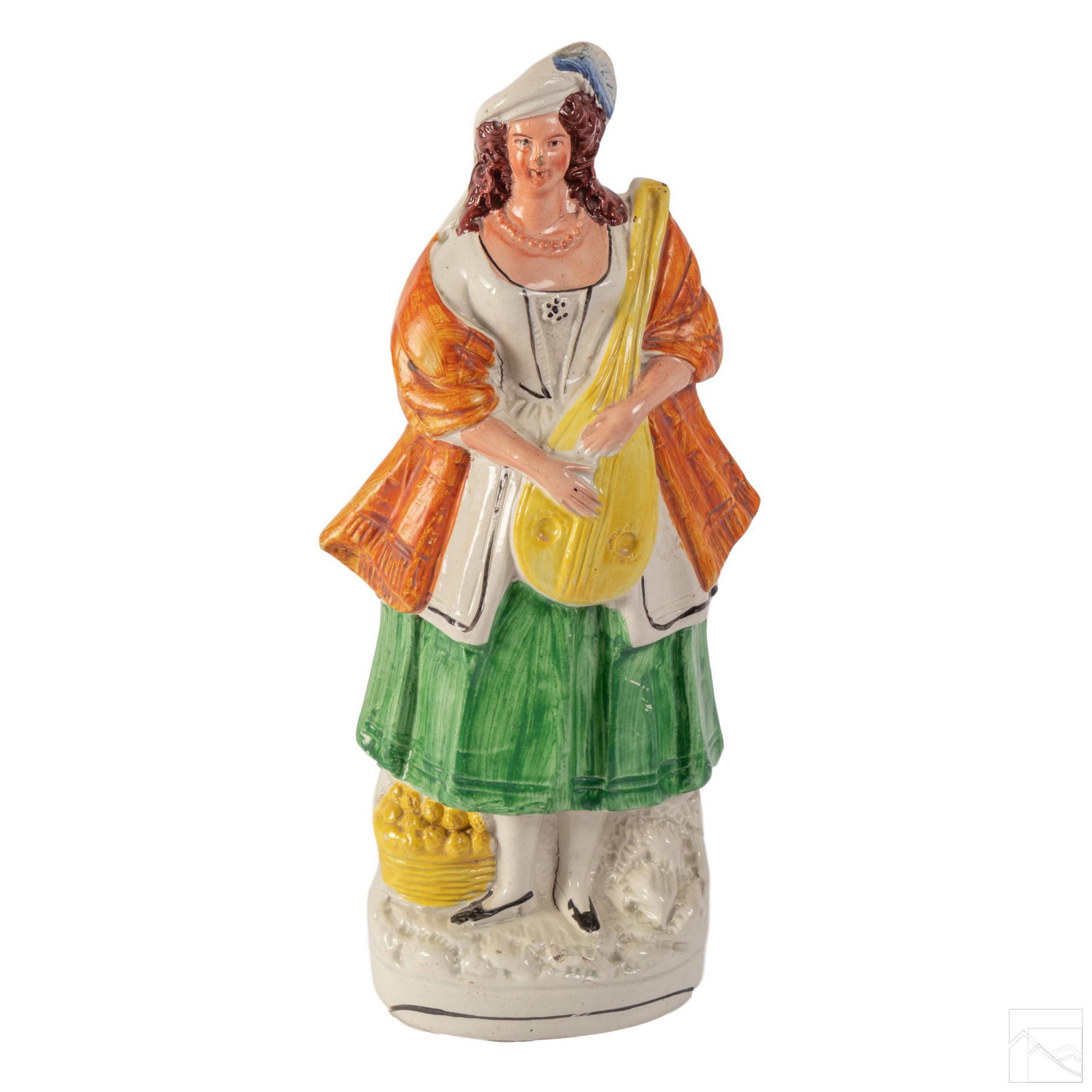 English Pottery Renaissance Staffordshire Figurine: An early 19th Century pre-Victorian Pearlware flatback Staffordshire figure, hand colored and modeled as a young woman in the motif of a Renaissance musician, holding a colorful yellow lute string ins