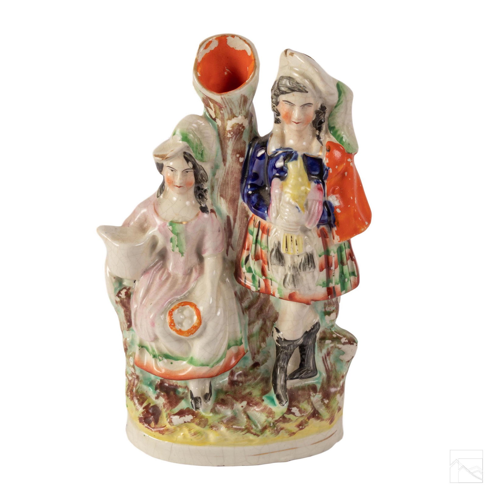 English Pottery Staffordshire Figural Group Vase: An early 19th Century pre-Victorian Pearlware flatback pottery Staffordshire figural spill vase, hand colored and modeled as a young man and seated young woman with a vase to center. Unmarked, like mo