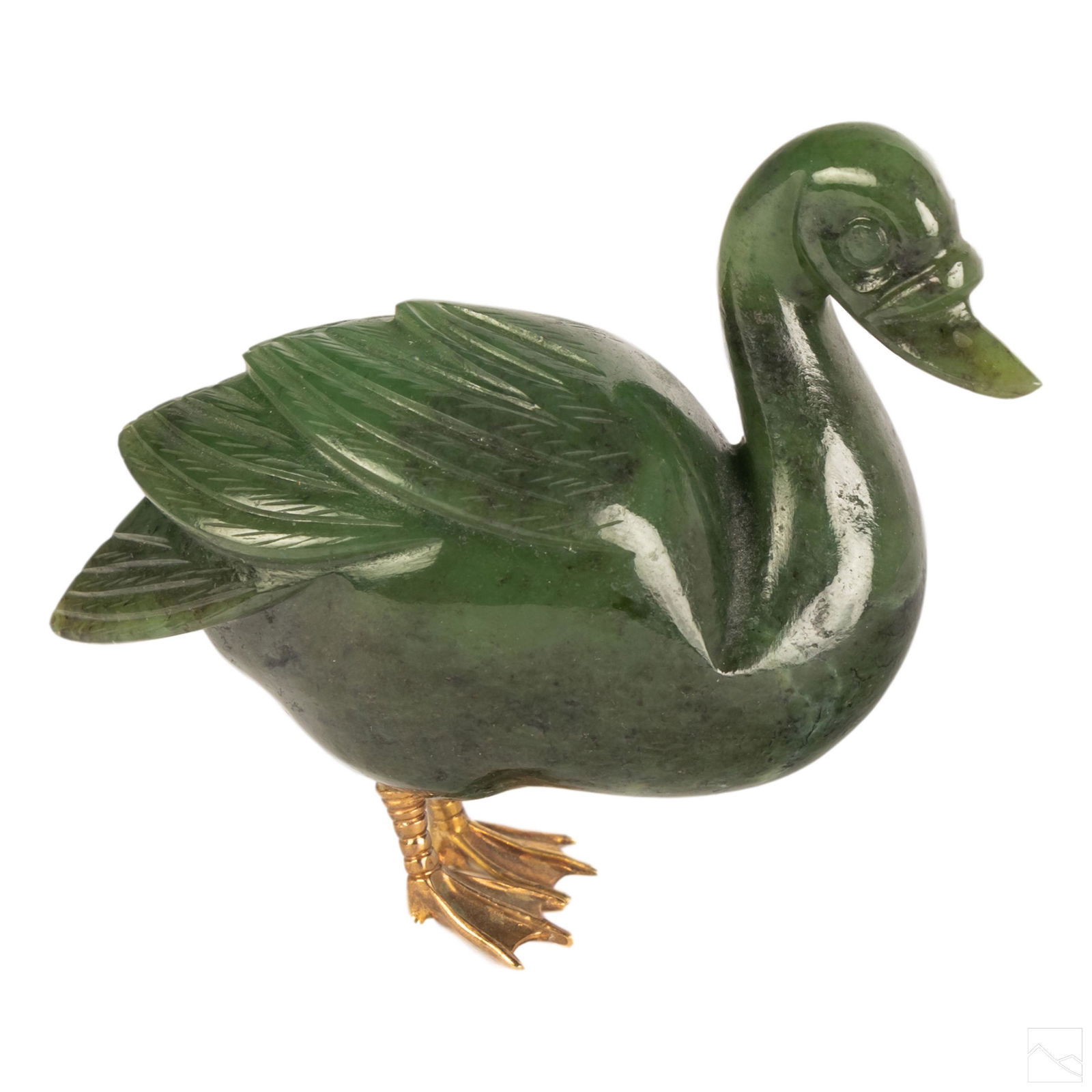 Chinese Carved Spinach Jade 14K Gold Duck Figurine (1 of 5)