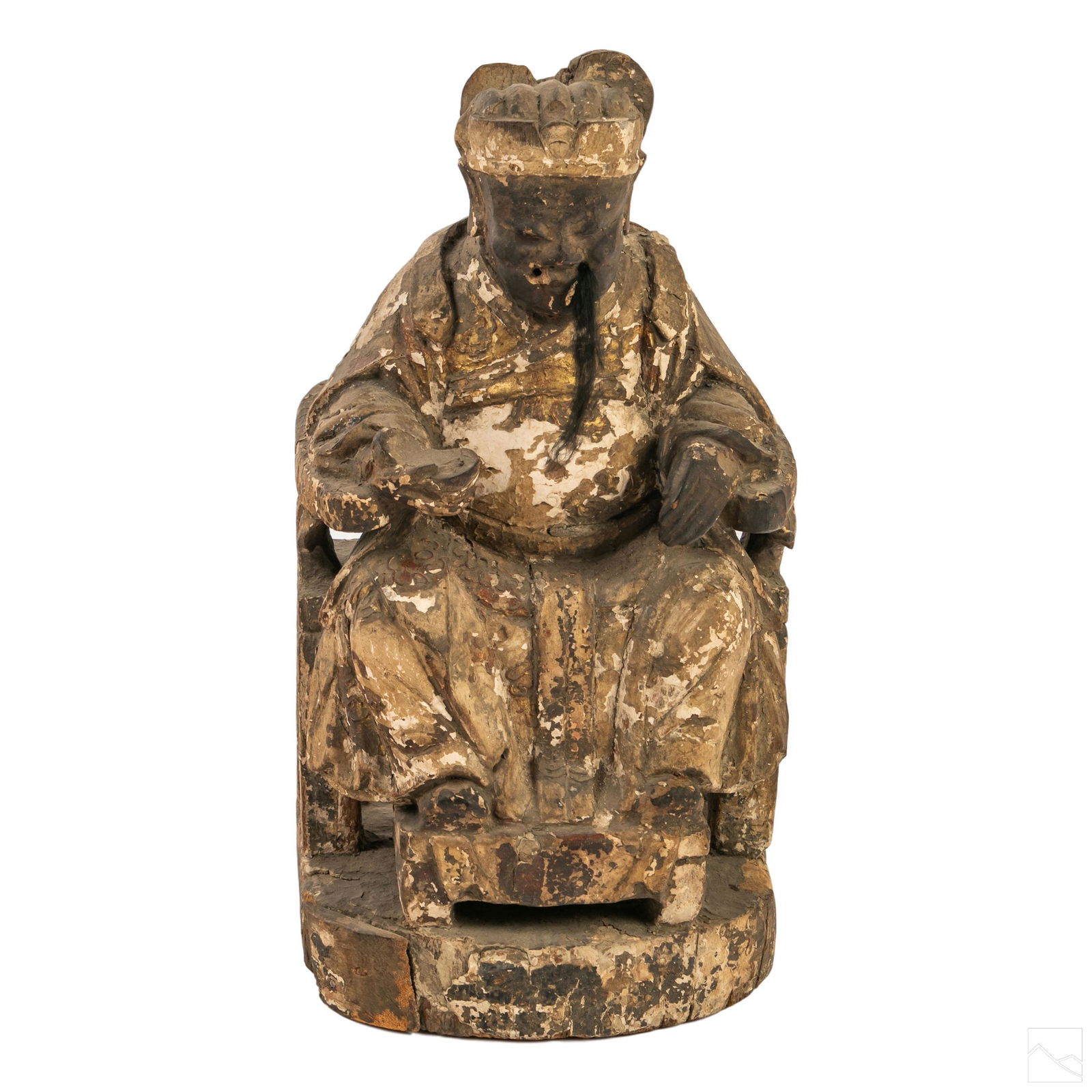 Chinese Antique Wood Emperor Mandarin Sculpture: A well carved antique wooden Chinese figurine statue, modeled as an Emperor or Mandarin court official. Rich patina and remnants of paint throughout. SHIPPINGHill Auction Gallery will offer in-house c