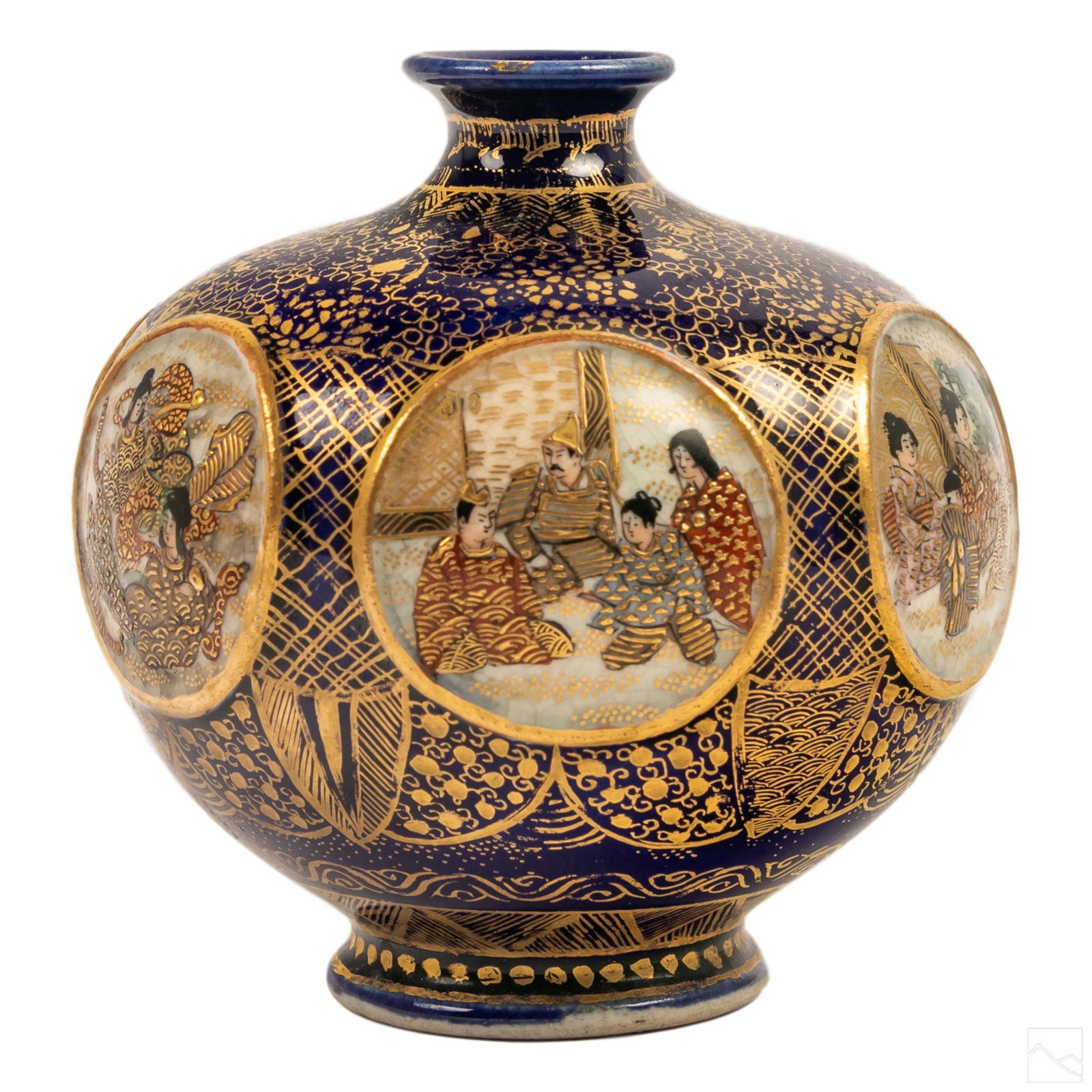 Japanese Antique Satsuma Gilt Cobalt Portrait Vase: Japanese antique gourd shaped Satsuma vase. Rich cobalt blue ground with profuse gilt embellishments. Six encircling hand painted scenes of scholars, samurai, Shogun and daimyo nobles, noblewomen, and