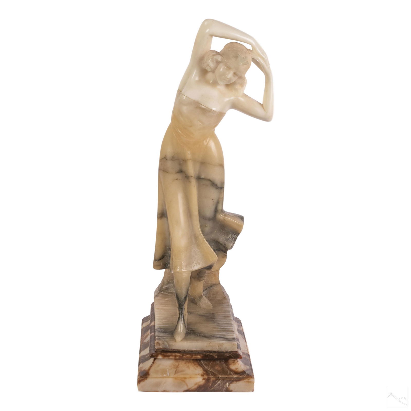 Art Deco Italian Carved Alabaster Dancer Sculpture: Fine Italian antique carved alabaster dancing woman figurine statue. Beautiful tri-colored alabaster with etched design. Detailed white alabaster arms and head. No apparent signature. SHIPPINGHill Auc