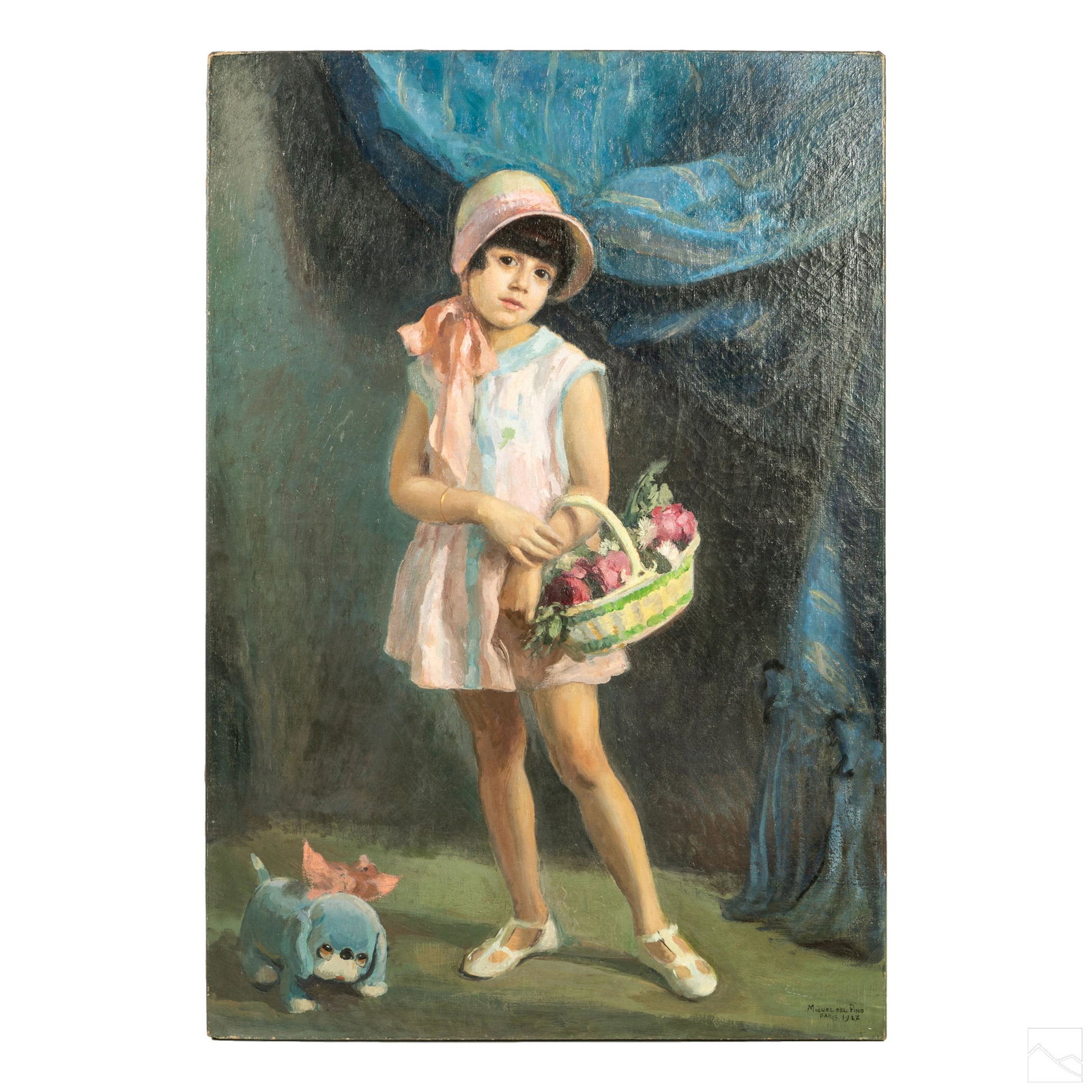 Miguel del Pino (1890-1973) Art Deco Girl Painting: Miguel del Pino (Spanish, 1890-1973). Original oil painting on canvas. A portrait of young girl with flowers and plush toy. Artist signature lower right corner, dated 1925, Paris. Canvas mounted on st