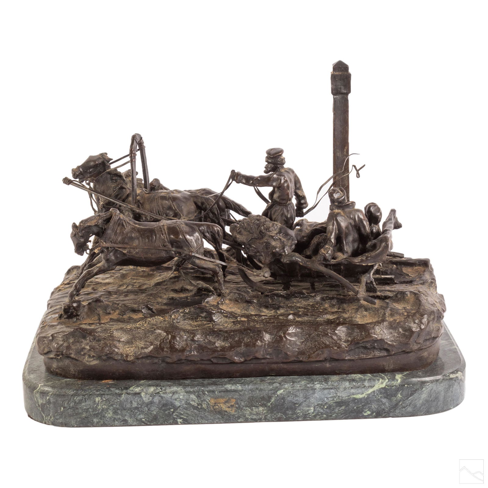 Bronze Troika Horse Sculpture after Vasily Grachev: After Vasily Yakovlevich Grachev (Russian, 1831-1905). Antique signed bronze figurine statue. A figural study of a Russian traditional troika harness driving combination, with three horses pulling a s