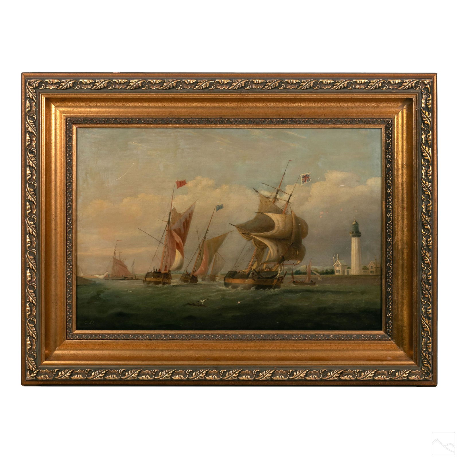 J.D. (19thC) Merchant Ship Lighthouse Oil Painting (1 of 5)