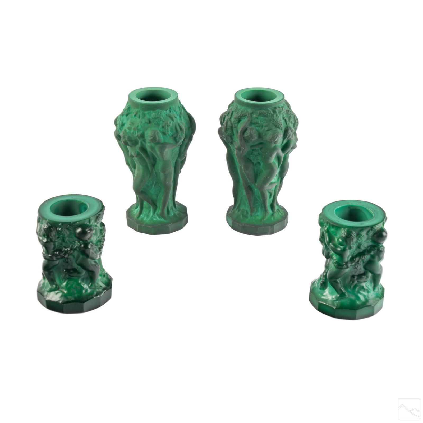 Bohemian Czech Malachite Glass Figural Vases Group: Collection of four vintage Bohemian Czech glass vases. Includes (2) 5" Czech glass vases. Features art deco nude female motif. Bears "Bohemia" label; and (2) 3" Czech glass vases with dancing putti wi