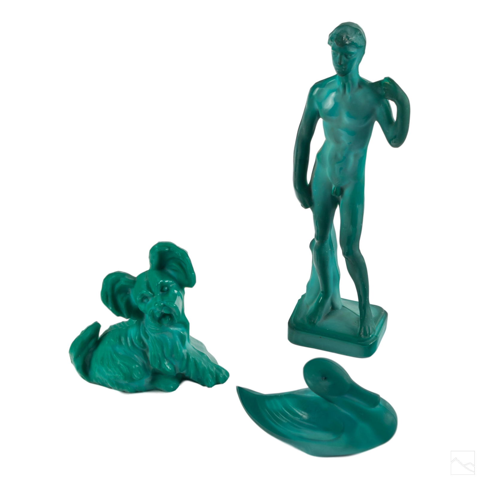 Bohemian Czech Green Malachite Glass Figurine LOT: Collection of three bohemian green Czech glass figures. Includes (1 ) 8" Czech bohemian glass figure of nude male David. (1) 2" x 4" green Czech glass terrier dog figure. (1) 2" Green bohemian Czech g