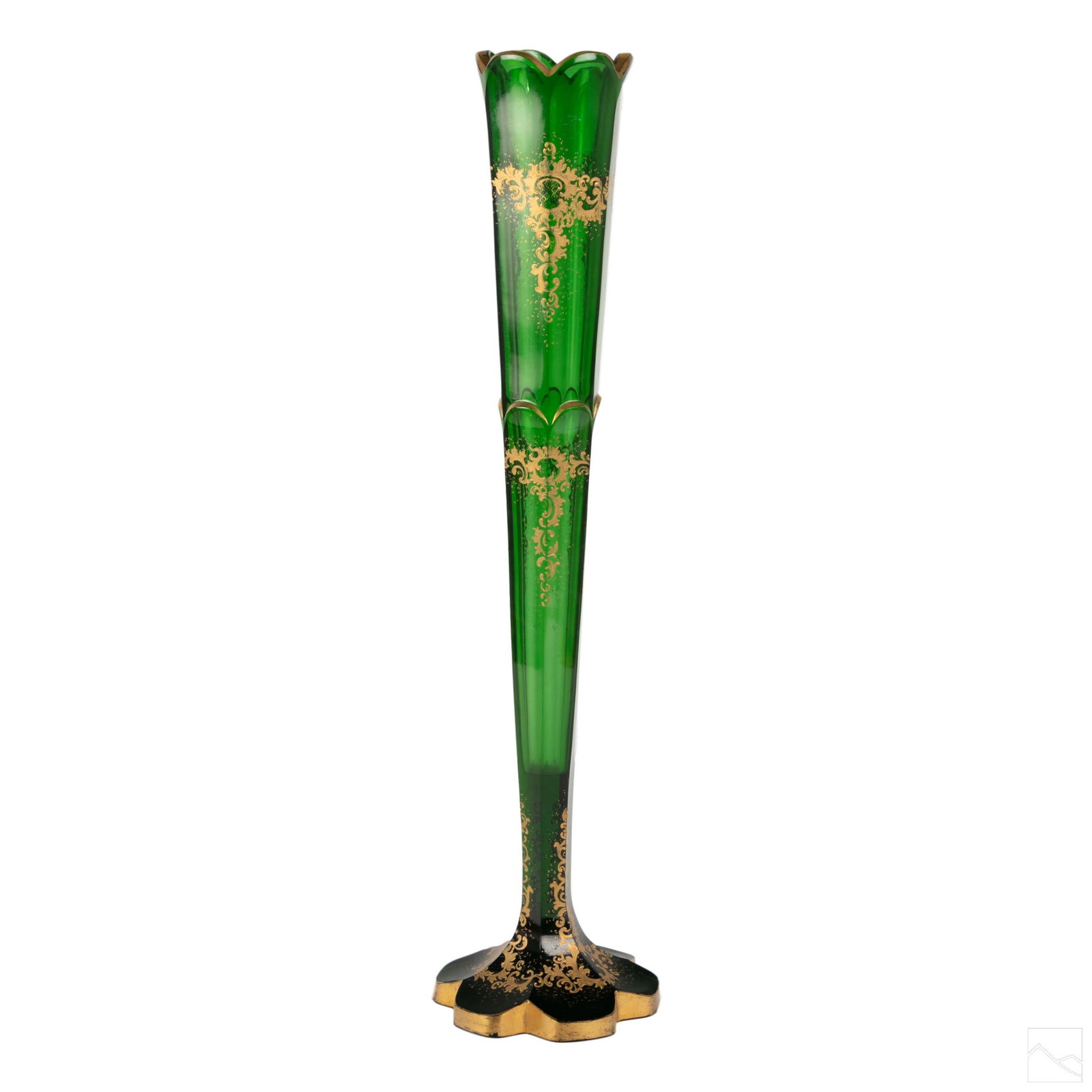 Bohemian Czech 23" Gilt Enameled Green Glass Vase: Large vintage bohemian Czech gilt enameled green glass vase. Beautiful enameled gilt design with beveled top rim. SHIPPING Hill Auction Gallery will offer in-house continental USA shipping for $85 plu