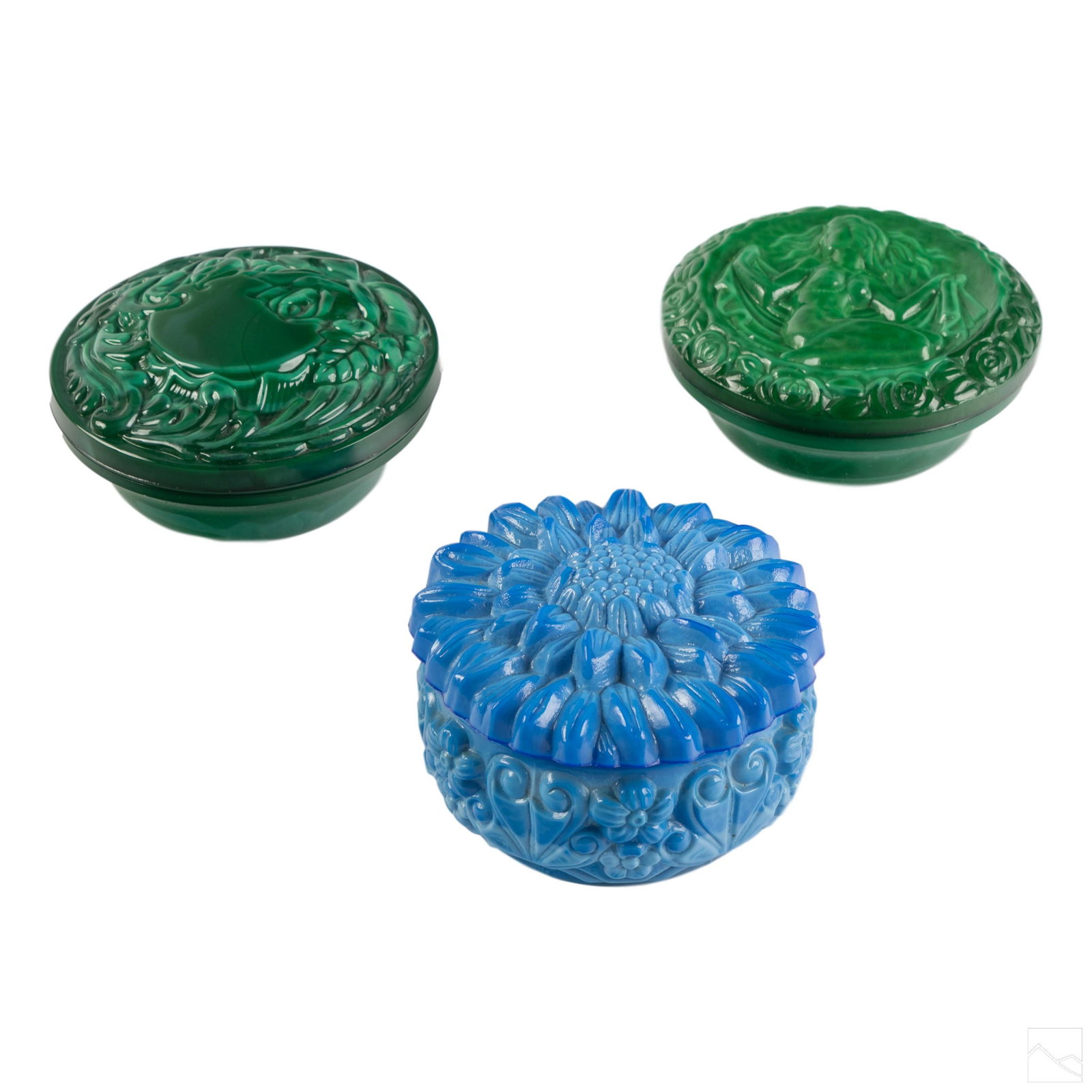 Bohemian Czech Glass Vintage Dresser Boxes Group: Collection of three vintage bohemian Czech glass trinket boxes. Includes (2) 2" x 4" Blue Czech bohemian glass box. Features flower form motif. (1) 2" x 4" Green Czech glass round box with nude woman 