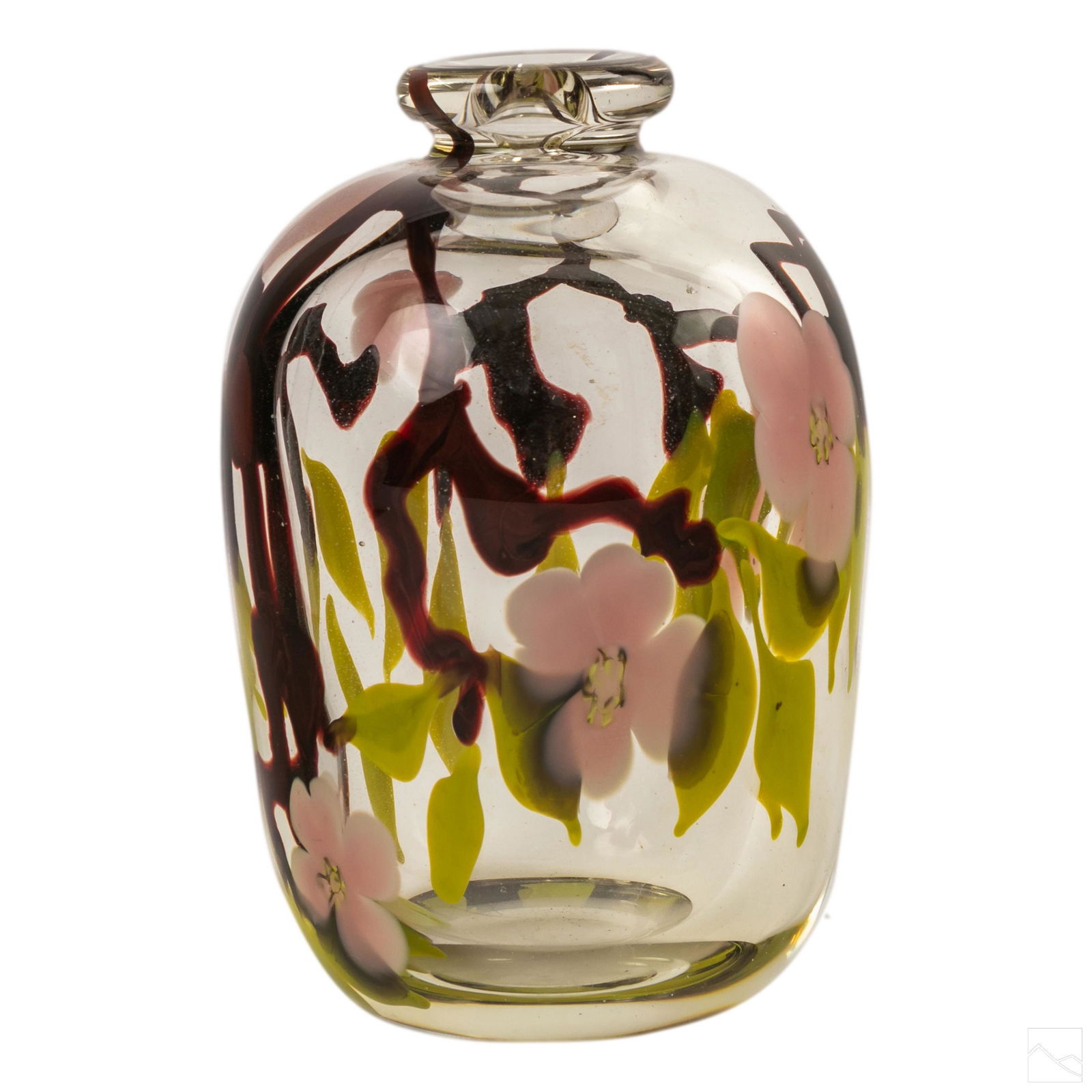 Studio Art Glass Antique Floral Paperweight Vase: Antique art glass paperweight vase. Features beautiful flowing pink, purple, and lime green glass floral design. No apparent signature. SHIPPINGHill Auction Gallery will offer in-house continental USA