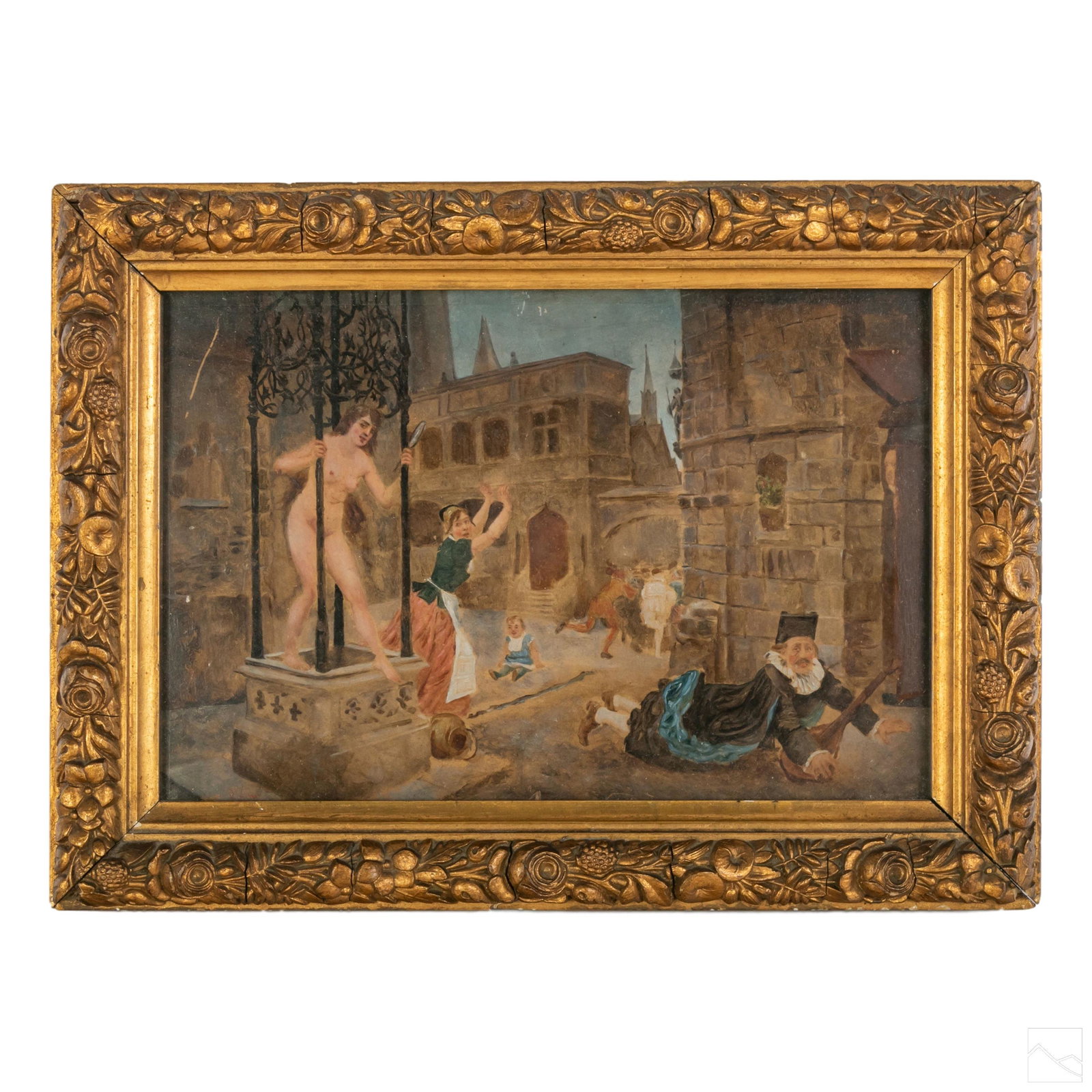Nude Female Whimsical Figural Art Gouache Painting: Mystery Artist. Antique gouache painting on board. A scene with a nude woman staring into a hand mirror. Set in a town center, with people running and confused at the sight of her. No apparent artist 