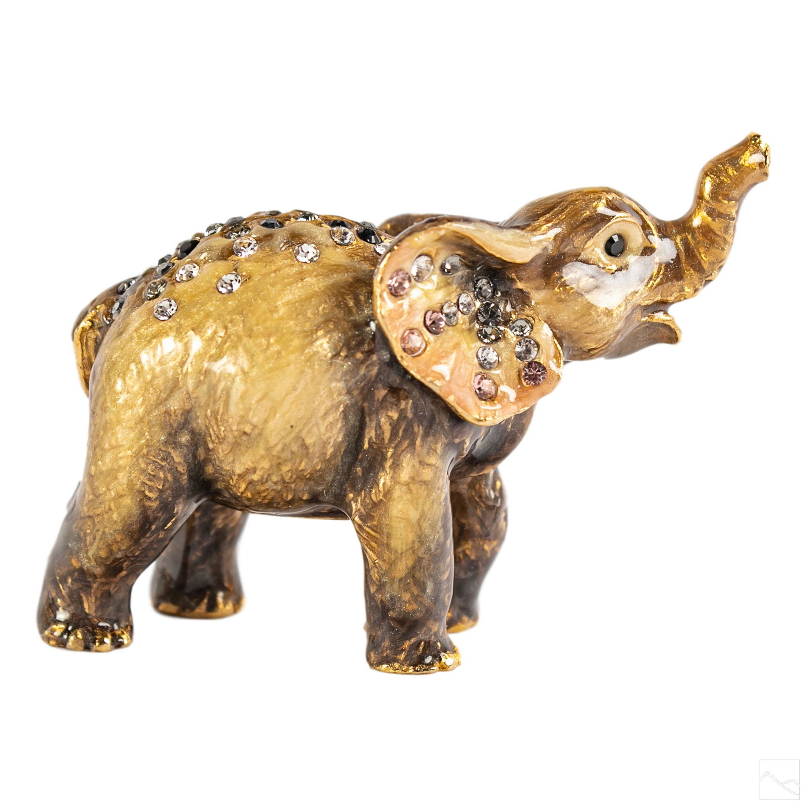 Jay Strongwater Jeweled Elephant Figurine with Box: Jay Strongwater enameled and embellished mini elephant sculpture. Bejeweled with Swarovski crystal gems. Signed at bottom. Includes original box. SHIPPING Hill Auction Gallery will offer in-house cont