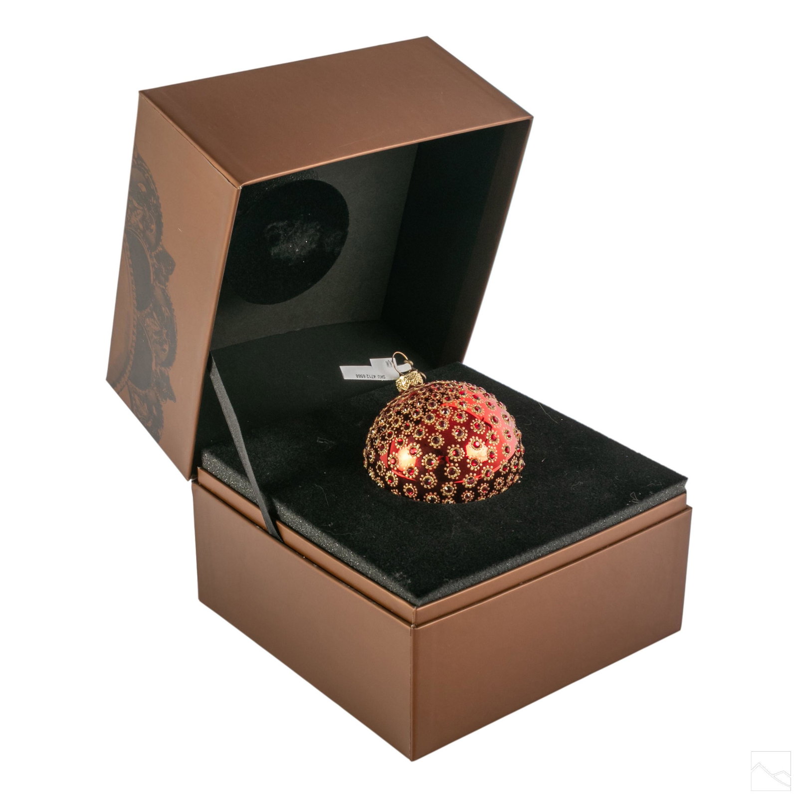 Jay Strongwater Jeweled Christmas Ornament and Box: Jay Strongwater red embellished Christmas ornament. Bears 2003 tag. Hand painted and bejeweled with Swarovski crystal gems. Includes original box. SHIPPING Hill Auction Gallery will offer in-house con
