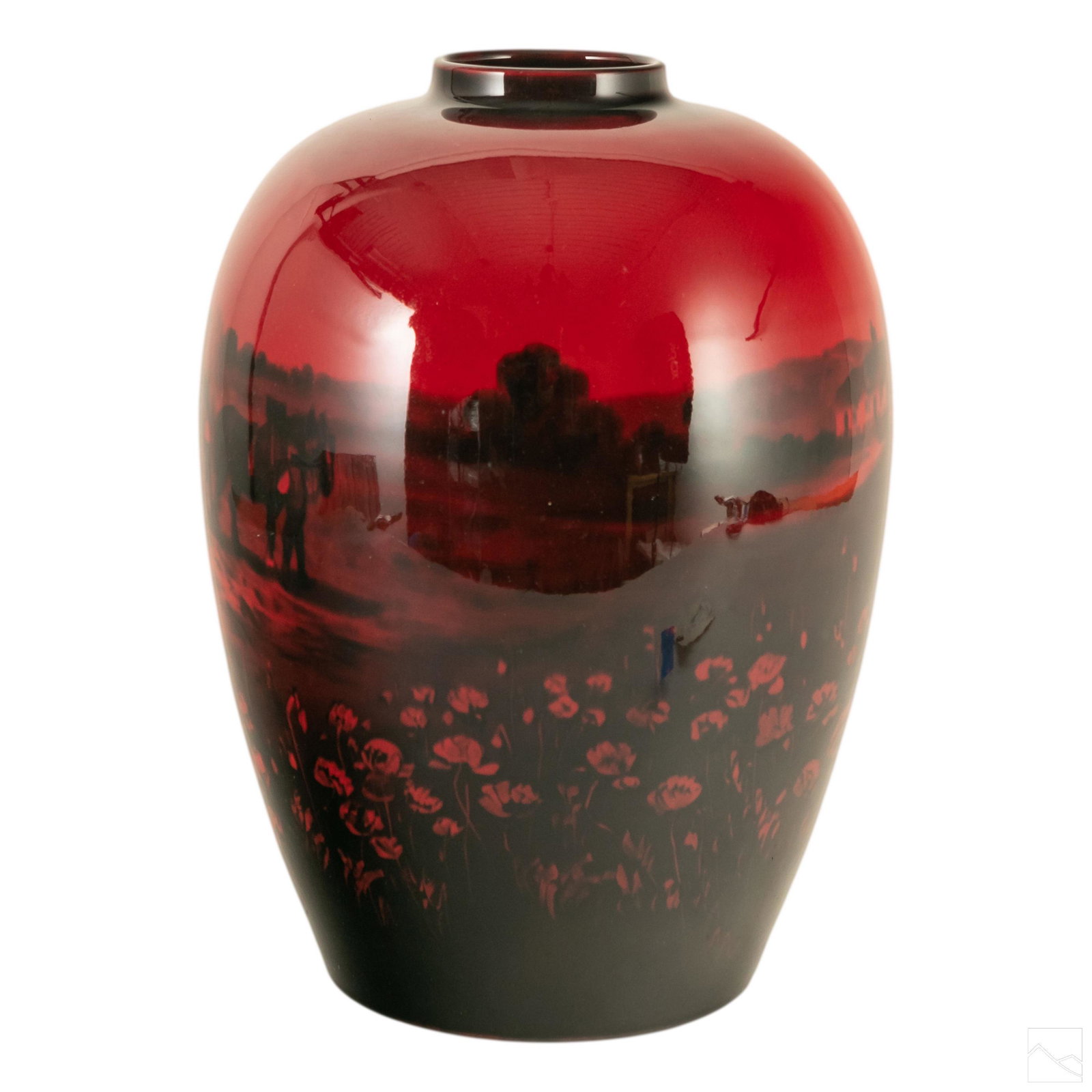 Royal Doulton 13" Glazed Red Flambe Landscape Vase: Royal Doulton Flambe vase. Features red glazed finish, decorated with black landscape scene with farmer working in field. Bottom signed with #7189. and titled "Loading Hay" in black. SHIPPING Hill Auc
