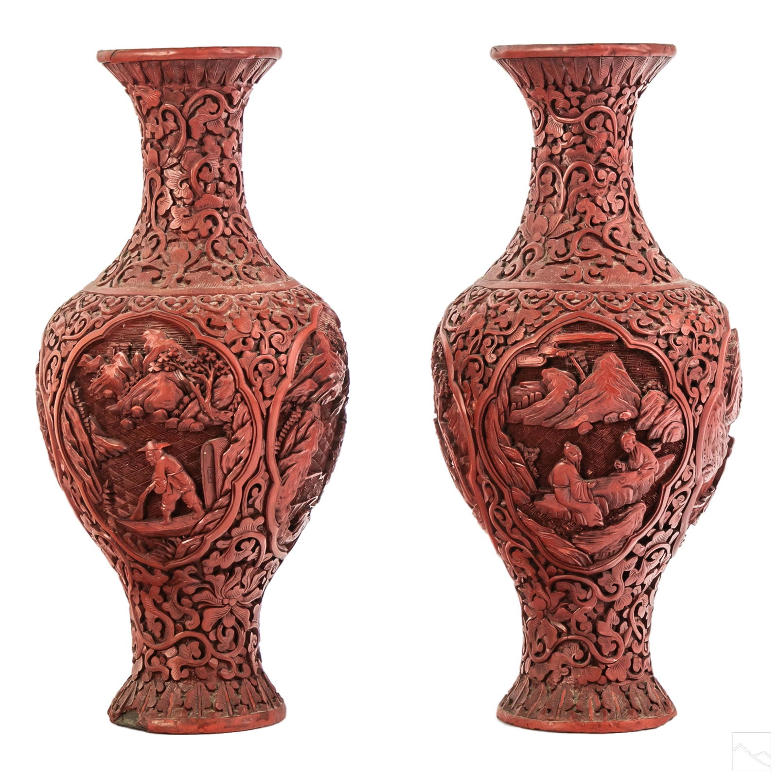 Chinese Cinnabar Landscape & Scholars Relief Vases (1 of 5)