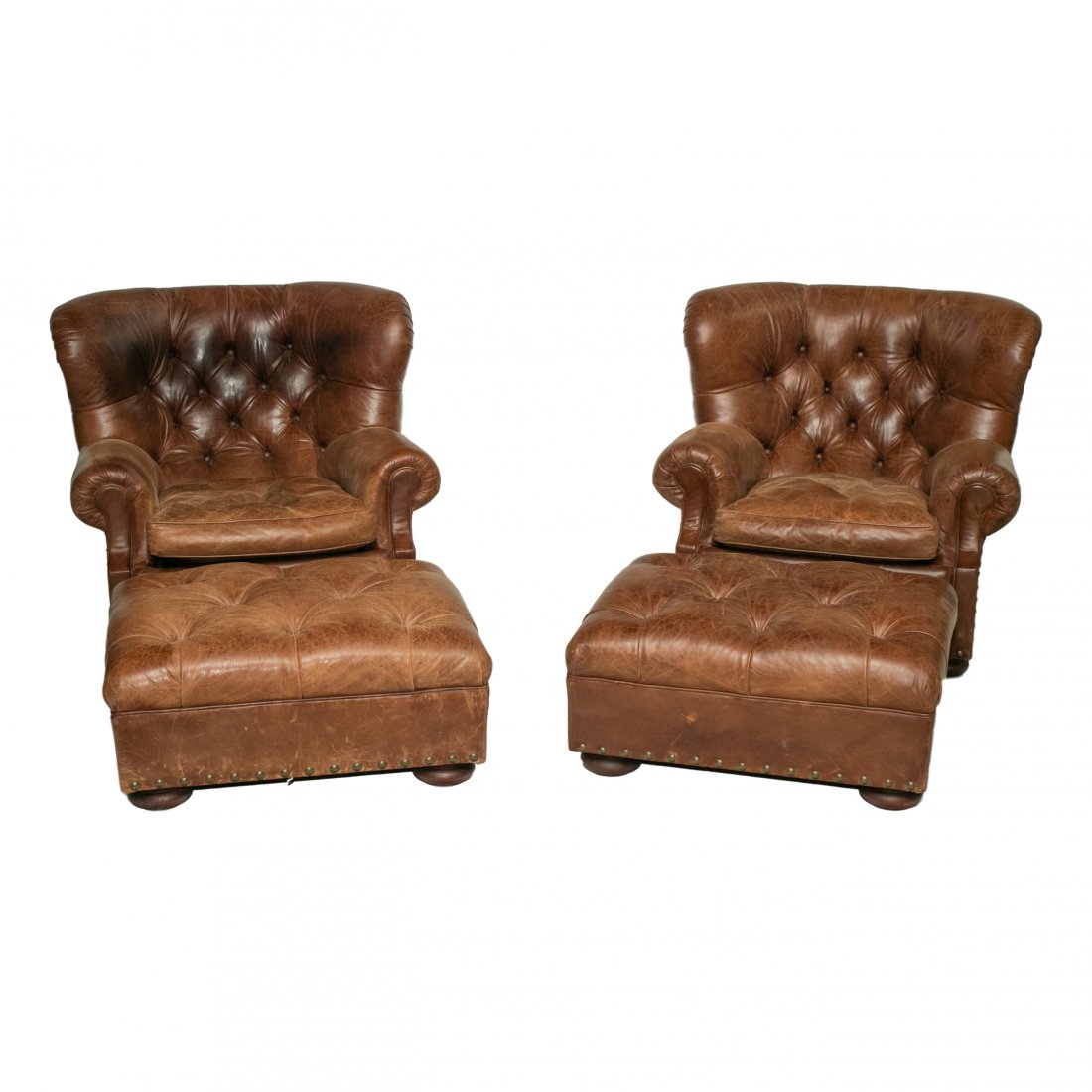 Pair Ralph Lauren Leather Club Chairs & Ottomans (1 of 13)