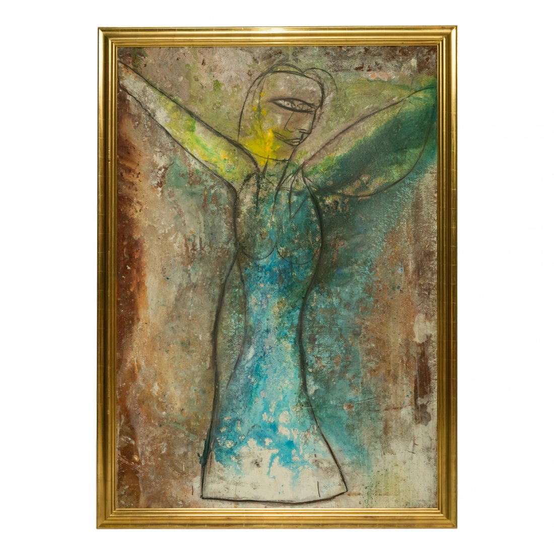 Jamali (American, b.1944) Modernist Nude Painting: Jamali (American, born 1944) Oversized original mixed media fresco tempera painting with ground metallic pigment. Depicts modern semi nude female figure. Retains original gallery label to verso. No ap