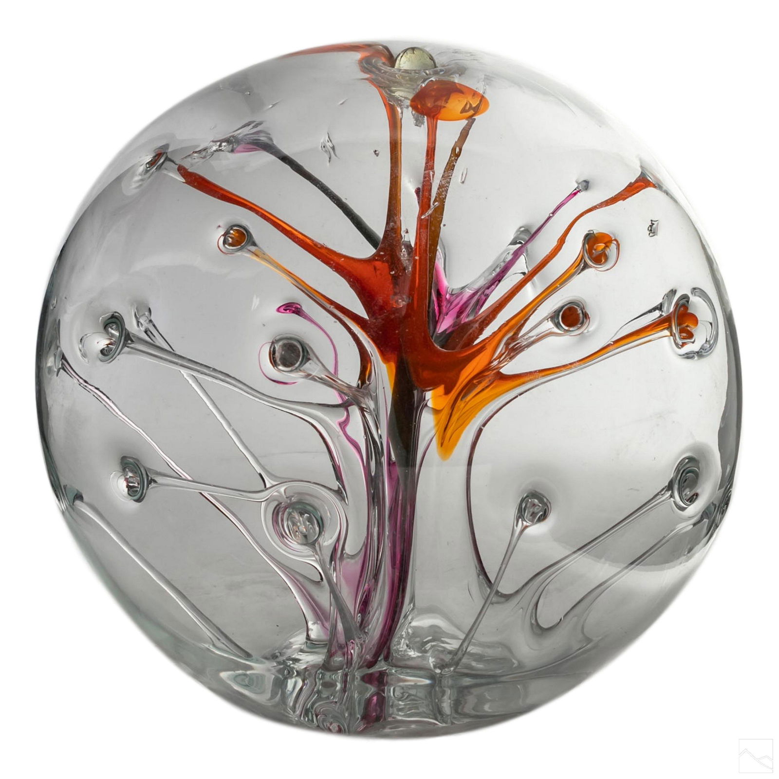 Peter Bramhall (b.1942) Modern Art Glass Sculpture: Peter Bramhall (also Paedra Bramhall) (American, born 1942). Hand blown studio art glass sculpture. A striking clear art glass sphere with interior stem forms in orange and lavender. Etch signed and d