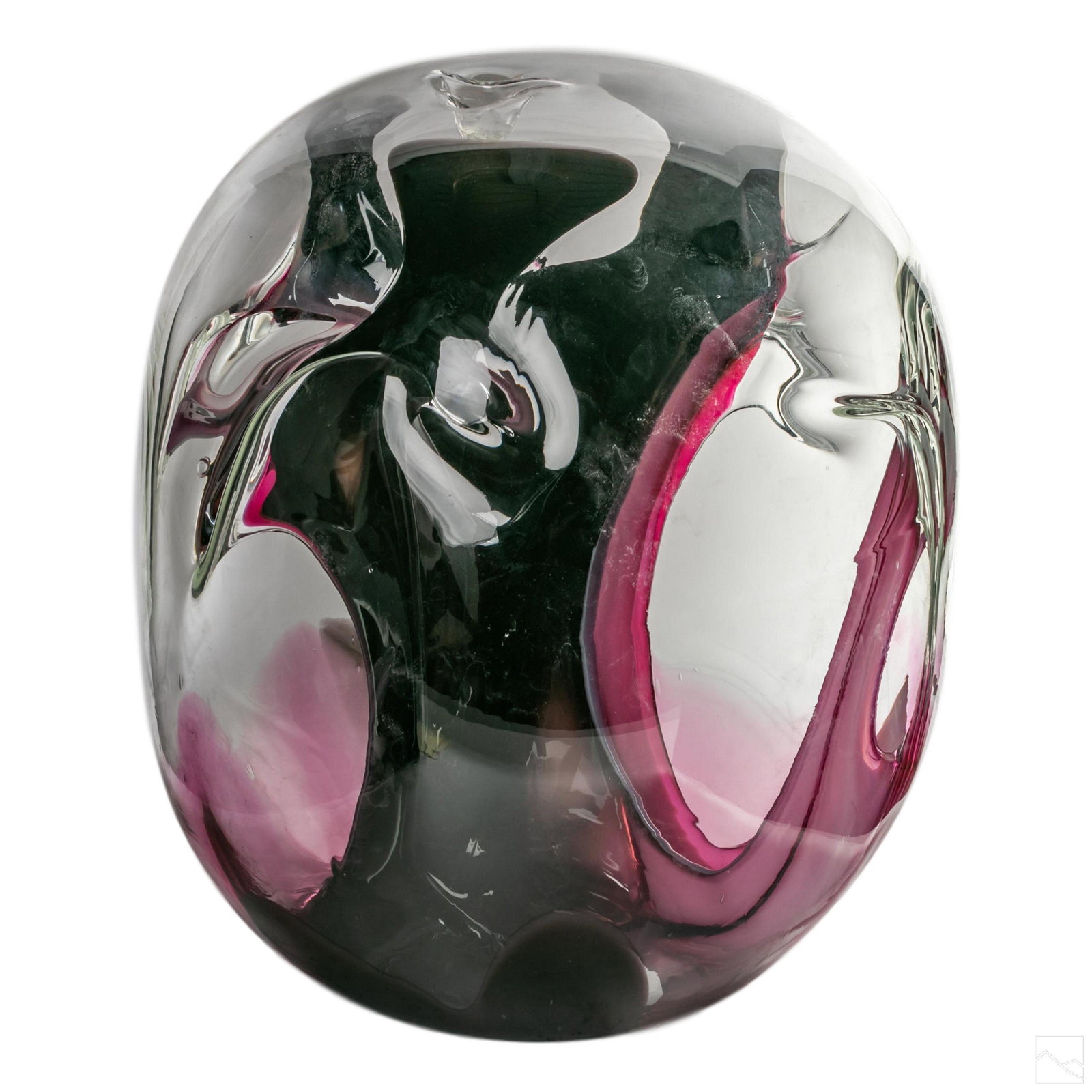 Peter Bramhall (b.1942) Modern Art Glass Sculpture: Peter Bramhall (also Paedra Bramhall) (American, born 1942). Large hand blown studio art glass sculpture. A striking clear art glass sphere with interior stem forms in purple, lavender, and white. Etc